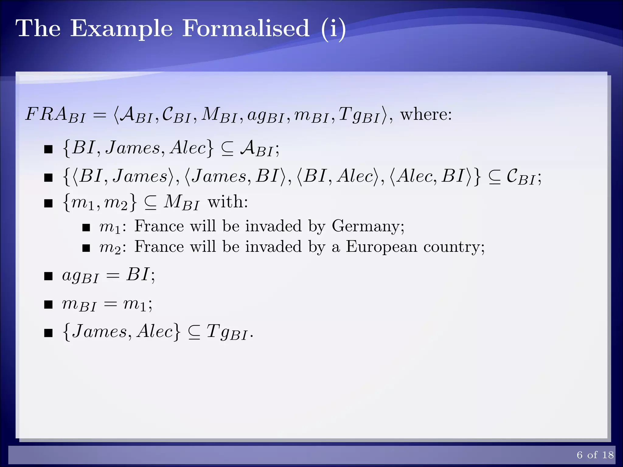 The Example Formalised (i)
FRABI = ABI, CBI, MBI, agBI, mBI, TgBI , where:
{BI, James, Alec} ⊆ ABI;
{ BI, James , James, BI , BI, Alec , Alec, BI } ⊆ CBI;
{m1, m2} ⊆ MBI with:
m1: France will be invaded by Germany;
m2: France will be invaded by a European country;
agBI = BI;
mBI = m1;
{James, Alec} ⊆ TgBI.
6 of 18
 