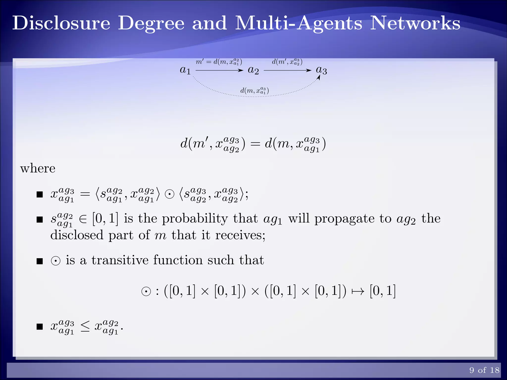 Disclosure Degree and Multi-Agents Networks
d(m , xag3
ag2
) = d(m, xag3
ag1
)
where
xag3
ag1
= sag2
ag1
, xag2
ag1
sag3
ag2
, xag3
ag2
;
sag2
ag1
∈ [0, 1] is the probability that ag1 will propagate to ag2 the
disclosed part of m that it receives;
is a transitive function such that
: ([0, 1] × [0, 1]) × ([0, 1] × [0, 1]) → [0, 1]
xag3
ag1
≤ xag2
ag1
.
9 of 18
 