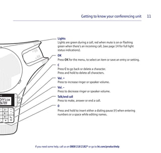 If you need some help, call us on 0800 218 2182* or go to bt.com/producthelp
Getting to know your conferencing unit 11
Lights
Lights are green during a call, red when mute is on or ﬂashing
green when there’s an incoming call, (see page 14 for full light
status indications).
OK
Press OK for the menu, to select an item or save an entry or setting.
C
Press C to go back or delete a character.
Press and hold to delete all characters.
Vol. +
Press to increase ringer or speaker volume.
Vol. -
Press to decrease ringer or speaker volume.
Talk/end call
Press to make, answer or end a call.
0
Press and hold to insert either a dialing pause (P) when entering
numbers or a space while editing names.
 