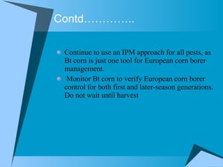 Contd………….. Continue to use an IPM approach for all pests, as Bt corn is just one tool for European corn borer management. Monitor Bt corn to verify European corn borer control for both first and later-season generations. Do not wait until harvest  