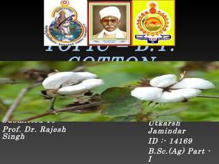 TOPIC – B.T.
COTTON
Submitted To :-
Prof. Dr. Rajesh
Singh
Submitted By :-
Utkarsh
Jamindar
ID :- 14169
B.Sc.(Ag) Part -
I
 