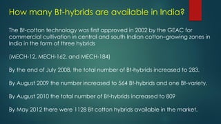 How many Bt-hybrids are available in India?
The Bt-cotton technology was first approved in 2002 by the GEAC for
commercial cultivation in central and south Indian cotton–growing zones in
India in the form of three hybrids
(MECH-12, MECH-162, and MECH-184)
By the end of July 2008, the total number of Bt-hybrids increased to 283.
By August 2009 the number increased to 564 Bt-hybrids and one Bt-variety.
By August 2010 the total number of Bt-hybrids increased to 809
By May 2012 there were 1128 Bt cotton hybrids available in the market.
 