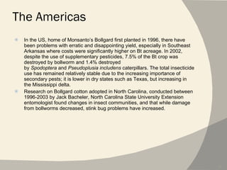 The Americas In the US, home of Monsanto’s Bollgard first planted in 1996, there have been problems with erratic and disappointing yield, especially in Southeast Arkansas where costs were significantly higher on Bt acreage. In 2002, despite the use of supplementary pesticides, 7.5% of the Bt crop was destroyed by bollworm and 1.4% destroyed by  Spodoptera  and  Pseudoplusia includens  caterpillars. The total insecticide use has remained relatively stable due to the increasing importance of secondary pests; it is lower in dry states such as Texas, but increasing in the Mississippi delta. Research on Bollgard cotton adopted in North Carolina, conducted between 1996-2003 by Jack Bacheler, North Carolina State University Extension entomologist found changes in insect communities, and that while damage from bollworms decreased, stink bug problems have increased. 