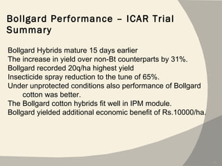 Bollgard Performance – ICAR Trial Summary Bollgard Hybrids mature 15 days earlier  The increase in yield over non-Bt counterparts by 31%. Bollgard recorded 20q/ha highest yield  Insecticide spray reduction to the tune of 65%. Under unprotected conditions also performance of Bollgard cotton was better. The Bollgard cotton hybrids fit well in IPM module. Bollgard yielded additional economic benefit of Rs.10000/ha. 
