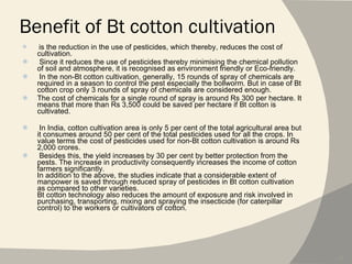 Benefit of Bt cotton cultivation is the reduction in the use of pesticides, which thereby, reduces the cost of cultivation.  Since it reduces the use of pesticides thereby minimising the chemical pollution of soil and atmosphere, it is recognised as environment friendly or Eco-friendly.  In the non-Bt cotton cultivation, generally, 15 rounds of spray of chemicals are required in a season to control the pest especially the bollworm. But in case of Bt cotton crop only 3 rounds of spray of chemicals are considered enough.  The cost of chemicals for a single round of spray is around Rs 300 per hectare. It means that more than Rs 3,500 could be saved per hectare if Bt cotton is cultivated. In India, cotton cultivation area is only 5 per cent of the total agricultural area but it consumes around 50 per cent of the total pesticides used for all the crops. In value terms the cost of pesticides used for non-Bt cotton cultivation is around Rs 2,000 crores. Besides this, the yield increases by 30 per cent by better protection from the pests. The increase in productivity consequently increases the income of cotton farmers significantly.  In addition to the above, the studies indicate that a considerable extent of manpower is saved through reduced spray of pesticides in Bt cotton cultivation as compared to other varieties.  Bt cotton technology also reduces the amount of exposure and risk involved in purchasing, transporting, mixing and spraying the insecticide (for caterpillar control) to the workers or cultivators of cotton. 