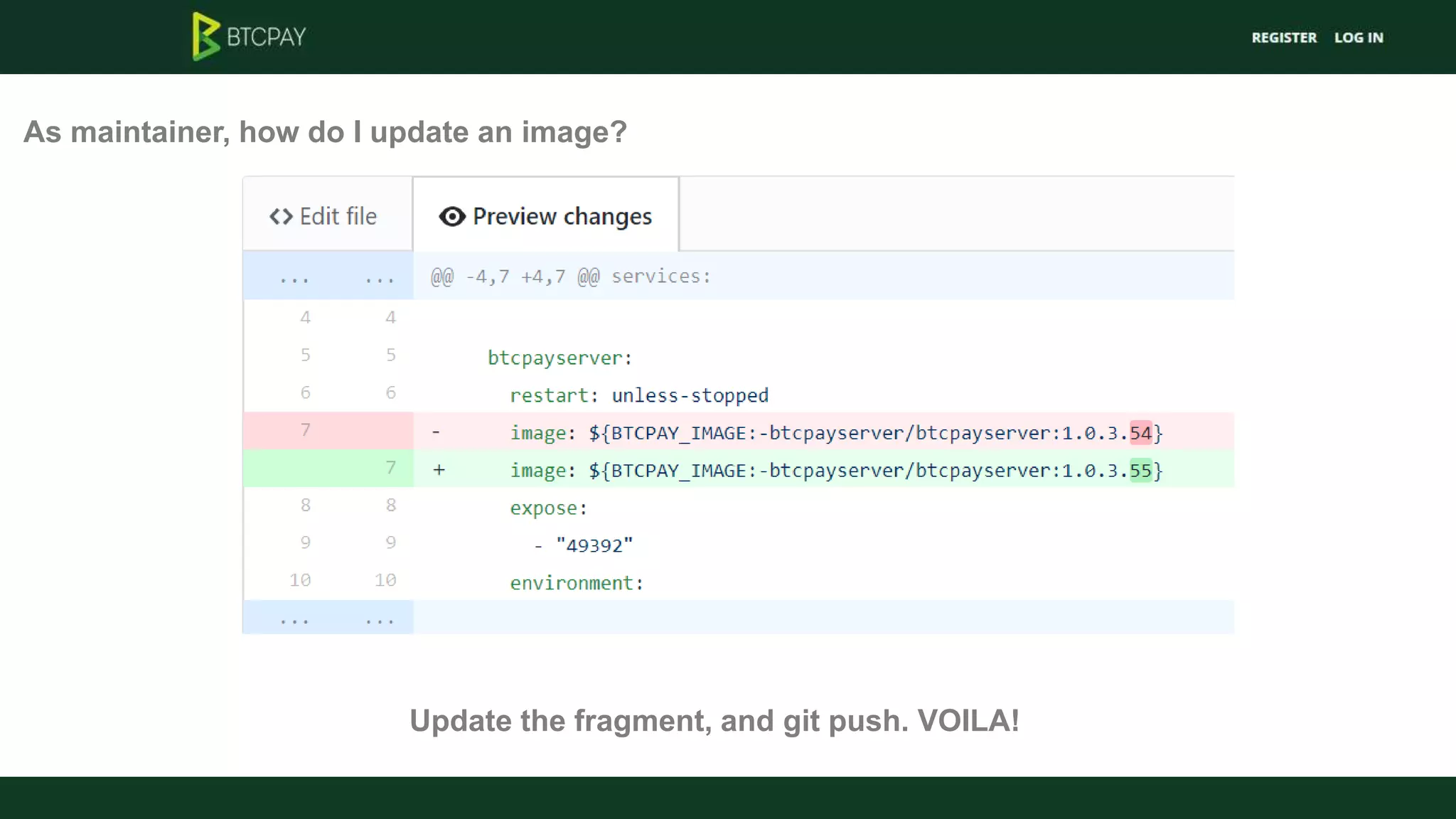 As maintainer, how do I update an image?
Update the fragment, and git push. VOILA!
 