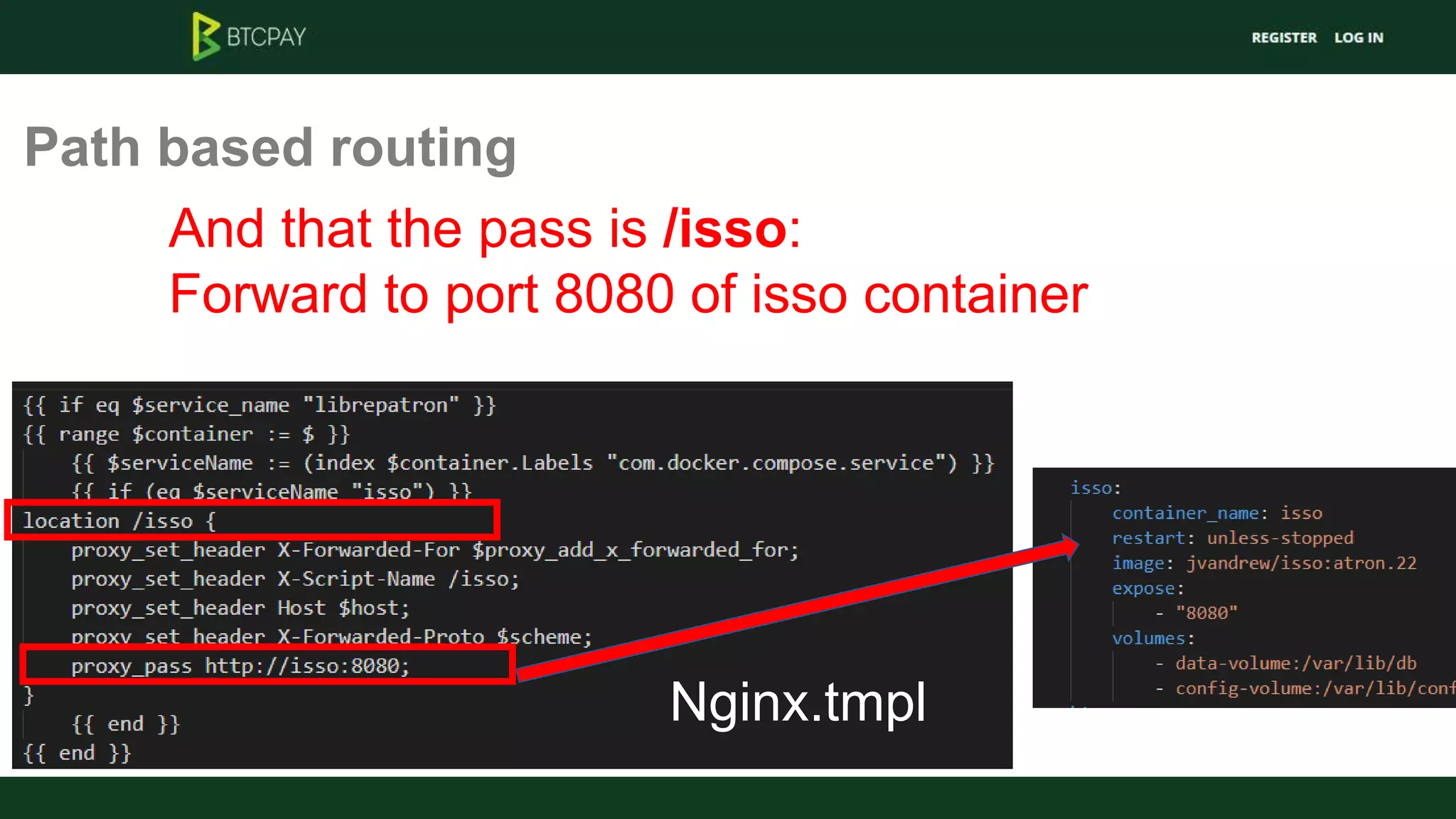 Path based routing
And that the pass is /isso:
Forward to port 8080 of isso container
Nginx.tmpl
 