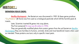 DEFINITION FOR BT CROPS:
Bacillus thuringensis , the Bacterium was discovered in 1901 & these gense produce
“Cry Proteins” (Bt Toxin) was first used as a biological pesticide which kill the harmful pests &
insects.
Later, Scientists inserted Bt genes into crop plants.
The First comercial Bt crop was Bt cotton in 1996.
They are genetically modified plants that contain geners from the soil bacterium Bacillus
thuringiensis.They are harmless to humans, animals, birds and most beneficial insects when used
as intended. These proteins are toxic only to specific insect pests.
HISTORY :
HISTORY :
HISTORY :
 