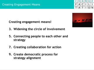 :: Change Needs Engagement :: Creating engagement means!  Widening the circle of involvement Connecting people to each other and strategy Creating collaboration for action Create democratic process for strategy alignment  Creating Engagement Means 