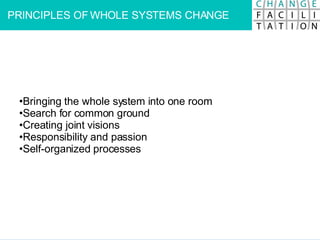 PRINCIPLES OF WHOLE SYSTEMS CHANGE Bringing the whole system into one room  Search for common ground  Creating joint visions  Responsibility and passion  Self-organized processes  