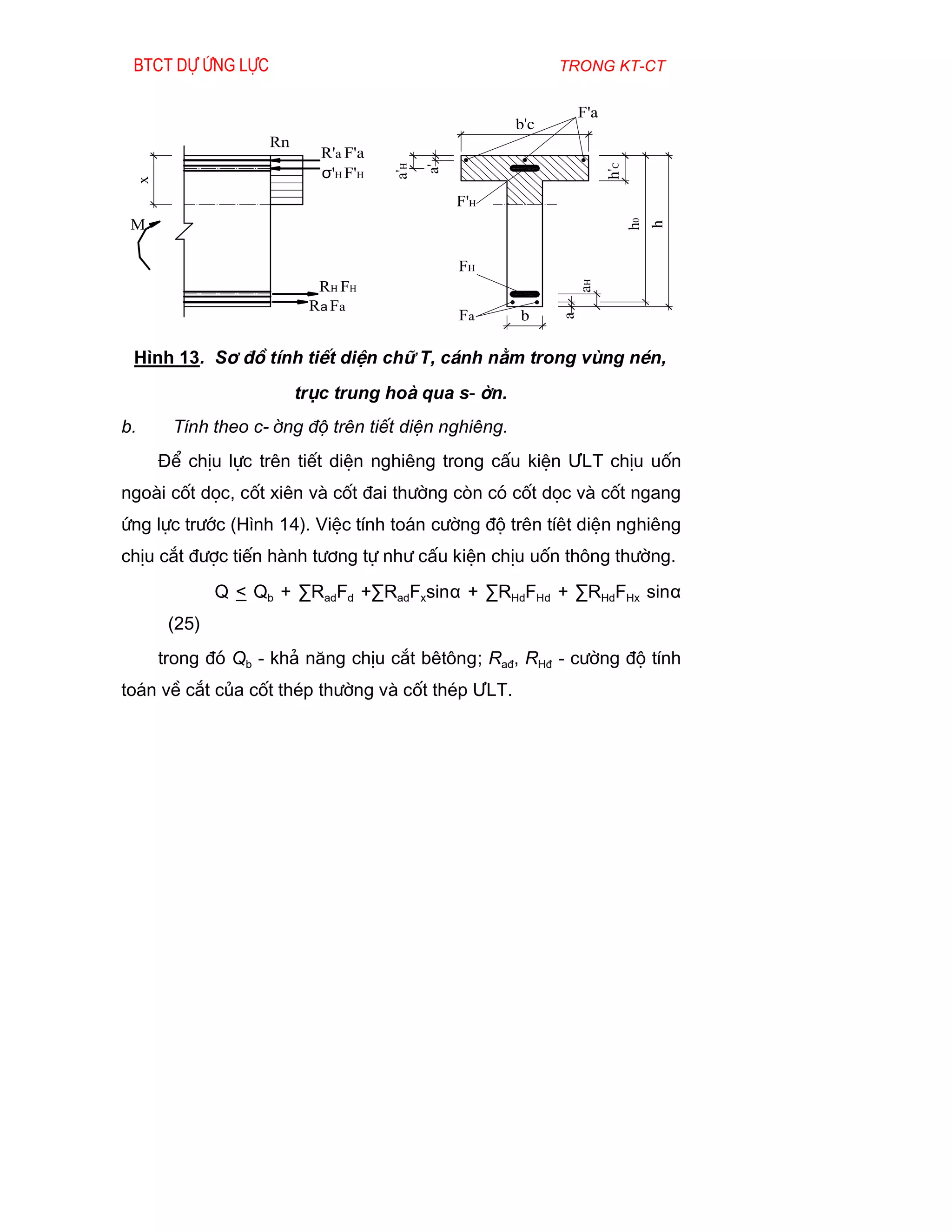 Btct dù øng lùc                                            trong kt-ct

                                                                F'a
                                                      b'c
                   rn
                           R'a F'a
                           σ'H F'H




                                                                      h'C
                                     a'H

                                           a'
 x


                                                F'H
 m




                                                                            h0
                                                                            h
                                                FH
                          RH FH




                                                             aH
                         Ra Fa
                                                Fa    b




                                                            a
 H×nh 13. S¬ ®å tÝnh tiÕt diÖn ch÷ T, c¸nh n»m trong vïng nÐn,
                        trôc trung hoµ qua s-ên.
b.    TÝnh theo c-êng ®é trªn tiÕt diÖn nghiªng.
     §Ó chÞu lùc trªn tiÕt diÖn nghiªng trong cÊu kiÖn ¦LT chÞu uèn
ngoµi cèt däc, cèt xiªn vµ cèt ®ai th­êng cßn cã cèt däc vµ cèt ngang
øng lùc tr­íc (H×nh 14). ViÖc tÝnh to¸n c­êng ®é trªn tÝªt diÖn nghiªng
chÞu c¾t ®­îc tiÕn hµnh t­¬ng tù nh­ cÊu kiÖn chÞu uèn th«ng th­êng.
             Q < Qb + ∑RadFd +∑RadFxsinα + ∑RHdFHd + ∑RHdFHx sinα
      (25)
     trong ®ã Qb - kh¶ n¨ng chÞu c¾t bªt«ng; Ra®, RH® - c­êng ®é tÝnh
to¸n vÒ c¾t cña cèt thÐp th­êng vµ cèt thÐp ¦LT.
 