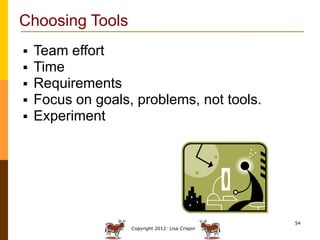 Choosing Tools
   Team effort
   Time
   Requirements
   Focus on goals, problems, not tools.
   Experiment




     ...