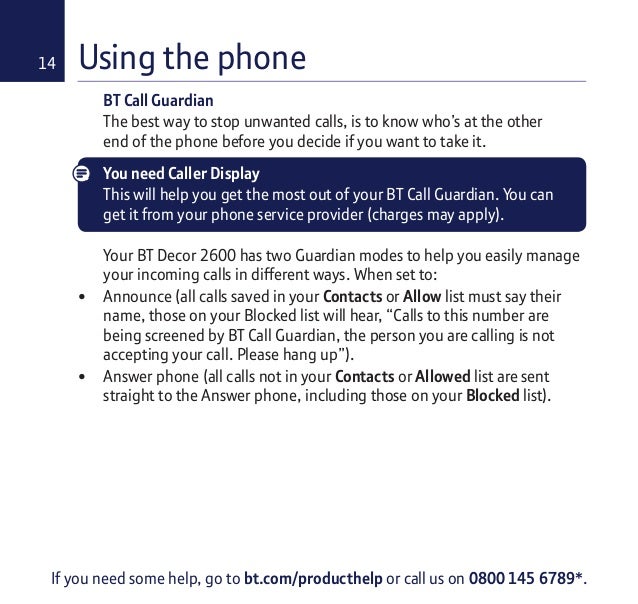 BT Decor 2600 Telephone User Guide