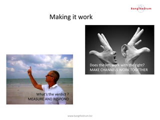 Does the left work with the right?
MAKE CHANNELS WORK TOGETHER
What’s the verdict ?
MEASURE AND RESPOND
www.bangthedrum.biz
Making it work
 