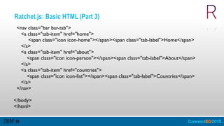 Ratchet.js: Basic HTML (Part 3)
<nav class="bar bar-tab">
<a class="tab-item" href="home">
<span class="icon icon-home"></span><span class="tab-label">Home</span>
</a>
<a class="tab-item" href="about">
<span class="icon icon-person"></span><span class="tab-label">About</span>
</a>
<a class="tab-item" href="countries">
<span class="icon icon-list"></span><span class="tab-label">Countries</span>
</a>
</nav>
</body>
</html>
 