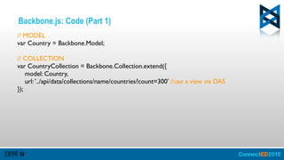 Backbone.js: Code (Part 1)
// MODEL
var Country = Backbone.Model;
// COLLECTION
var CountryCollection = Backbone.Collection.extend({
model: Country,
url: '../api/data/collections/name/countries?count=300' //use a view via DAS
});
 