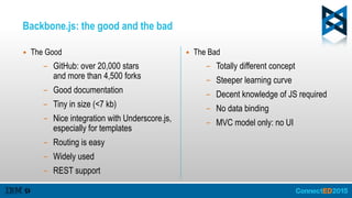 Backbone.js: the good and the bad
▪ The Good
– GitHub: over 20,000 stars 
and more than 4,500 forks
– Good documentation
– Tiny in size (<7 kb)
– Nice integration with Underscore.js, 
especially for templates
– Routing is easy
– Widely used
– REST support
▪ The Bad
– Totally different concept
– Steeper learning curve
– Decent knowledge of JS required
– No data binding
– MVC model only: no UI
 