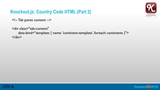 Knockout.js: Country Code HTML (Part 2)
<!-- Tab panes content -->
<div class="tab-content"
data-bind="template: { name: 'continent-template', foreach: continents }">
</div>
 