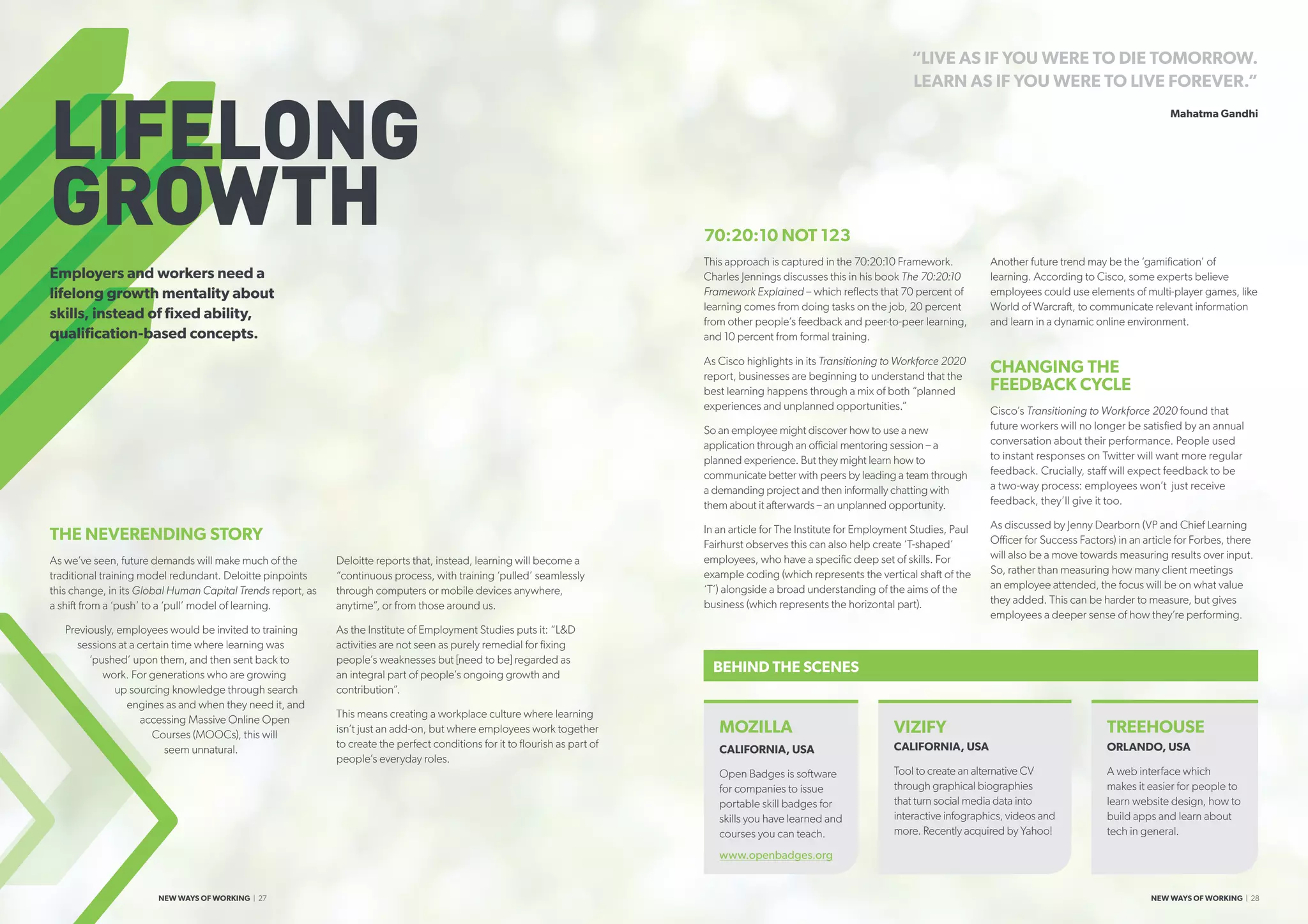 LIFELONG
GROWTH
THE NEVERENDING STORY
As we’ve seen, future demands will make much of the
traditional training model redundant. Deloitte pinpoints
this change, in its Global Human Capital Trends report, as
a shift from a ‘push’ to a ‘pull’ model of learning.
Previously, employees would be invited to training
sessions at a certain time where learning was
‘pushed’ upon them, and then sent back to
work. For generations who are growing
up sourcing knowledge through search
engines as and when they need it, and
accessing Massive Online Open
Courses (MOOCs), this will
seem unnatural.
Deloitte reports that, instead, learning will become a
“continuous process, with training ‘pulled’ seamlessly
through computers or mobile devices anywhere,
anytime”, or from those around us.
As the Institute of Employment Studies puts it: “LD
activities are not seen as purely remedial for fixing
people’s weaknesses but [need to be] regarded as
an integral part of people’s ongoing growth and
contribution”.
This means creating a workplace culture where learning
isn’t just an add-on, but where employees work together
to create the perfect conditions for it to flourish as part of
people’s everyday roles.
“LIVE AS IF YOU WERE TO DIE TOMORROW.
LEARN AS IF YOU WERE TO LIVE FOREVER.”
Mahatma Gandhi
Employers and workers need a
lifelong growth mentality about
skills, instead of fixed ability,
qualification-based concepts.
70:20:10 NOT 123
This approach is captured in the 70:20:10 Framework.
Charles Jennings discusses this in his book The 70:20:10
Framework Explained – which reflects that 70 percent of
learning comes from doing tasks on the job, 20 percent
from other people’s feedback and peer-to-peer learning,
and 10 percent from formal training.
As Cisco highlights in its Transitioning to Workforce 2020
report, businesses are beginning to understand that the
best learning happens through a mix of both “planned
experiences and unplanned opportunities.”
So an employee might discover how to use a new
application through an official mentoring session – a
planned experience. But they might learn how to
communicate better with peers by leading a team through
a demanding project and then informally chatting with
them about it afterwards – an unplanned opportunity.
In an article for The Institute for Employment Studies, Paul
Fairhurst observes this can also help create ‘T-shaped’
employees, who have a specific deep set of skills. For
example coding (which represents the vertical shaft of the
‘T’) alongside a broad understanding of the aims of the
business (which represents the horizontal part).
Another future trend may be the ‘gamification’ of
learning. According to Cisco, some experts believe
employees could use elements of multi-player games, like
World of Warcraft, to communicate relevant information
and learn in a dynamic online environment.
CHANGING THE
FEEDBACK CYCLE
Cisco’s Transitioning to Workforce 2020 found that
future workers will no longer be satisfied by an annual
conversation about their performance. People used
to instant responses on Twitter will want more regular
feedback. Crucially, staff will expect feedback to be
a two-way process: employees won’t just receive
feedback, they’ll give it too.
As discussed by Jenny Dearborn (VP and Chief Learning
Officer for Success Factors) in an article for Forbes, there
will also be a move towards measuring results over input.
So, rather than measuring how many client meetings
an employee attended, the focus will be on what value
they added. This can be harder to measure, but gives
employees a deeper sense of how they’re performing.
VIZIFY
CALIFORNIA, USA
Tool to create an alternative CV
through graphical biographies
that turn social media data into
interactive infographics, videos and
more. Recently acquired by Yahoo!
MOZILLA
CALIFORNIA, USA
Open Badges is software
for companies to issue
portable skill badges for
skills you have learned and
courses you can teach.
www.openbadges.org
TREEHOUSE
ORLANDO, USA
A web interface which
makes it easier for people to
learn website design, how to
build apps and learn about
tech in general.
BEHIND THE SCENES
NEW WAYS OF WORKING | 27 NEW WAYS OF WORKING | 28
 
