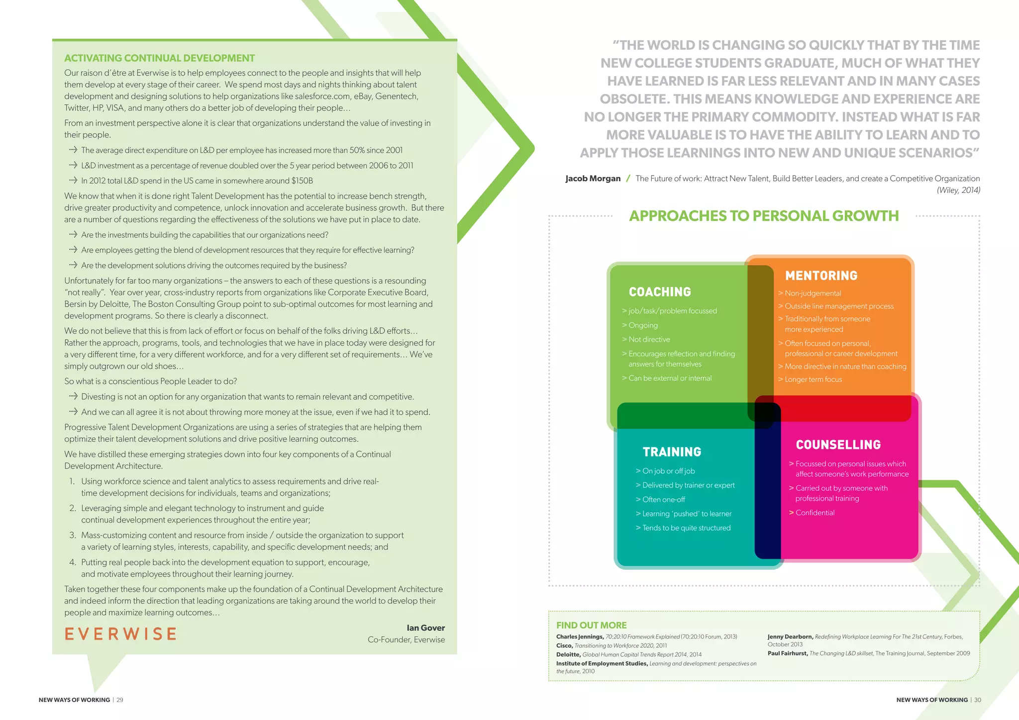 FIND OUT MORE
Charles Jennings, 70:20:10 Framework Explained (70:20:10 Forum, 2013)
Cisco, Transitioning to Workforce 2020, 2011
Deloitte, Global Human Capital Trends Report 2014, 2014
Institute of Employment Studies, Learning and development: perspectives on
the future, 2010
Jenny Dearborn, Redefining Workplace Learning For The 21st Century, Forbes,
October 2013
Paul Fairhurst, The Changing LD skillset, The Training Journal, September 2009
“THE WORLD IS CHANGING SO QUICKLY THAT BY THE TIME
NEW COLLEGE STUDENTS GRADUATE, MUCH OF WHAT THEY
HAVE LEARNED IS FAR LESS RELEVANT AND IN MANY CASES
OBSOLETE. THIS MEANS KNOWLEDGE AND EXPERIENCE ARE
NO LONGER THE PRIMARY COMMODITY. INSTEAD WHAT IS FAR
MORE VALUABLE IS TO HAVE THE ABILITY TO LEARN AND TO
APPLY THOSE LEARNINGS INTO NEW AND UNIQUE SCENARIOS”
Jacob Morgan / The Future of work: Attract New Talent, Build Better Leaders, and create a Competitive Organization
(Wiley, 2014)
COACHING
 job/task/problem focussed
 Ongoing
 Not directive
 Encourages reﬂection and ﬁnding
answers for themselves
 Can be external or internal
MENTORING
 Non-judgemental
 Outside line management process
 Traditionally from someone
more experienced
 Often focused on personal,
professional or career development
 More directive in nature than coaching
 Longer term focus
TRAINING
 On job or oﬀ job
 Delivered by trainer or expert
 Often one-oﬀ
 Learning ‘pushed’ to learner
 Tends to be quite structured
COUNSELLING
 Focussed on personal issues which
aﬀect someone’s work performance
 Carried out by someone with
professional training
 Conﬁdential
APPROACHES TO PERSONAL GROWTH
ACTIVATING CONTINUAL DEVELOPMENT
Our raison d’être at Everwise is to help employees connect to the people and insights that will help
them develop at every stage of their career. We spend most days and nights thinking about talent
development and designing solutions to help organizations like salesforce.com, eBay, Genentech,
Twitter, HP, VISA, and many others do a better job of developing their people…
From an investment perspective alone it is clear that organizations understand the value of investing in
their people.
≥≥ The average direct expenditure on LD per employee has increased more than 50% since 2001
≥≥ LD investment as a percentage of revenue doubled over the 5 year period between 2006 to 2011
≥≥ In 2012 total LD spend in the US came in somewhere around $150B
We know that when it is done right Talent Development has the potential to increase bench strength,
drive greater productivity and competence, unlock innovation and accelerate business growth. But there
are a number of questions regarding the effectiveness of the solutions we have put in place to date.
≥≥ Are the investments building the capabilities that our organizations need?
≥≥ Are employees getting the blend of development resources that they require for effective learning?
≥≥ Are the development solutions driving the outcomes required by the business?
Unfortunately for far too many organizations – the answers to each of these questions is a resounding
“not really”. Year over year, cross-industry reports from organizations like Corporate Executive Board,
Bersin by Deloitte, The Boston Consulting Group point to sub-optimal outcomes for most learning and
development programs. So there is clearly a disconnect.
We do not believe that this is from lack of effort or focus on behalf of the folks driving LD efforts…
Rather the approach, programs, tools, and technologies that we have in place today were designed for
a very different time, for a very different workforce, and for a very different set of requirements… We’ve
simply outgrown our old shoes…
So what is a conscientious People Leader to do?
≥≥ Divesting is not an option for any organization that wants to remain relevant and competitive.
≥≥ And we can all agree it is not about throwing more money at the issue, even if we had it to spend.
Progressive Talent Development Organizations are using a series of strategies that are helping them
optimize their talent development solutions and drive positive learning outcomes.
We have distilled these emerging strategies down into four key components of a Continual
Development Architecture.
1.	 Using workforce science and talent analytics to assess requirements and drive real-
time development decisions for individuals, teams and organizations;
2.	 Leveraging simple and elegant technology to instrument and guide
continual development experiences throughout the entire year;
3.	 Mass-customizing content and resource from inside / outside the organization to support
a variety of learning styles, interests, capability, and specific development needs; and
4.	 Putting real people back into the development equation to support, encourage,
and motivate employees throughout their learning journey.
Taken together these four components make up the foundation of a Continual Development Architecture
and indeed inform the direction that leading organizations are taking around the world to develop their
people and maximize learning outcomes…
Ian Gover
Co-Founder, Everwise
NEW WAYS OF WORKING | 29 NEW WAYS OF WORKING | 30
 