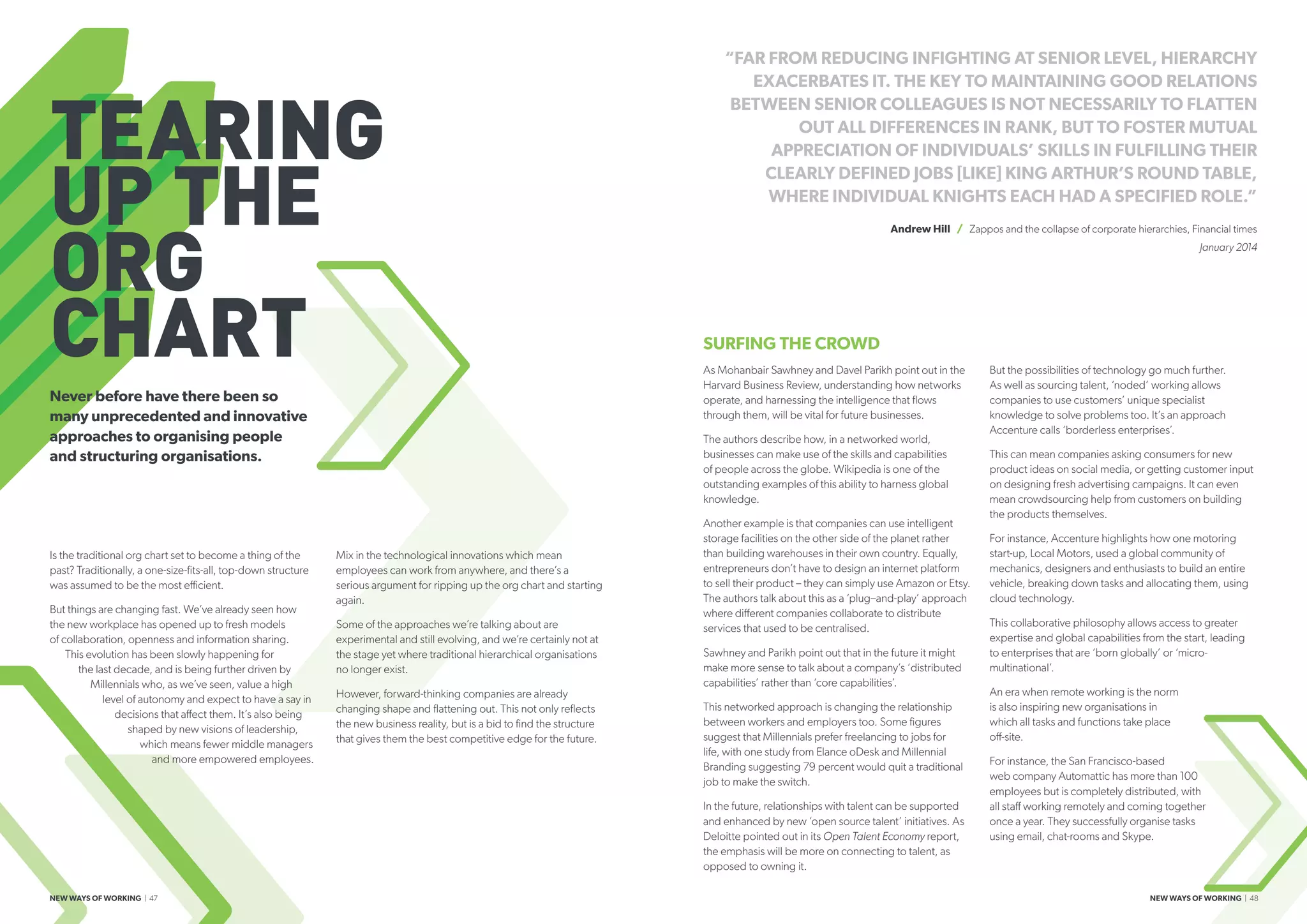 TEARING
UP THE
ORG
CHART
Is the traditional org chart set to become a thing of the
past? Traditionally, a one-size-fits-all, top-down structure
was assumed to be the most efficient.
But things are changing fast. We’ve already seen how
the new workplace has opened up to fresh models
of collaboration, openness and information sharing.
This evolution has been slowly happening for
the last decade, and is being further driven by
Millennials who, as we’ve seen, value a high
level of autonomy and expect to have a say in
decisions that affect them. It’s also being
shaped by new visions of leadership,
which means fewer middle managers
and more empowered employees.
Mix in the technological innovations which mean
employees can work from anywhere, and there’s a
serious argument for ripping up the org chart and starting
again.
Some of the approaches we’re talking about are
experimental and still evolving, and we’re certainly not at
the stage yet where traditional hierarchical organisations
no longer exist.
However, forward-thinking companies are already
changing shape and flattening out. This not only reflects
the new business reality, but is a bid to find the structure
that gives them the best competitive edge for the future.
SURFING THE CROWD
As Mohanbair Sawhney and Davel Parikh point out in the
Harvard Business Review, understanding how networks
operate, and harnessing the intelligence that flows
through them, will be vital for future businesses.
The authors describe how, in a networked world,
businesses can make use of the skills and capabilities
of people across the globe. Wikipedia is one of the
outstanding examples of this ability to harness global
knowledge.
Another example is that companies can use intelligent
storage facilities on the other side of the planet rather
than building warehouses in their own country. Equally,
entrepreneurs don’t have to design an internet platform
to sell their product – they can simply use Amazon or Etsy.
The authors talk about this as a ‘plug–and-play’ approach
where different companies collaborate to distribute
services that used to be centralised.
Sawhney and Parikh point out that in the future it might
make more sense to talk about a company’s ‘distributed
capabilities’ rather than ‘core capabilities’.
This networked approach is changing the relationship
between workers and employers too. Some figures
suggest that Millennials prefer freelancing to jobs for
life, with one study from Elance oDesk and Millennial
Branding suggesting 79 percent would quit a traditional
job to make the switch.
In the future, relationships with talent can be supported
and enhanced by new ‘open source talent’ initiatives. As
Deloitte pointed out in its Open Talent Economy report,
the emphasis will be more on connecting to talent, as
opposed to owning it.
But the possibilities of technology go much further.
As well as sourcing talent, ‘noded’ working allows
companies to use customers’ unique specialist
knowledge to solve problems too. It’s an approach
Accenture calls ‘borderless enterprises’.
This can mean companies asking consumers for new
product ideas on social media, or getting customer input
on designing fresh advertising campaigns. It can even
mean crowdsourcing help from customers on building
the products themselves.
For instance, Accenture highlights how one motoring
start-up, Local Motors, used a global community of
mechanics, designers and enthusiasts to build an entire
vehicle, breaking down tasks and allocating them, using
cloud technology.
This collaborative philosophy allows access to greater
expertise and global capabilities from the start, leading
to enterprises that are ‘born globally’ or ‘micro-
multinational’.
An era when remote working is the norm
is also inspiring new organisations in
which all tasks and functions take place
off-site.
For instance, the San Francisco-based
web company Automattic has more than 100
employees but is completely distributed, with
all staff working remotely and coming together
once a year. They successfully organise tasks
using email, chat-rooms and Skype.
“FAR FROM REDUCING INFIGHTING AT SENIOR LEVEL, HIERARCHY
EXACERBATES IT. THE KEY TO MAINTAINING GOOD RELATIONS
BETWEEN SENIOR COLLEAGUES IS NOT NECESSARILY TO FLATTEN
OUT ALL DIFFERENCES IN RANK, BUT TO FOSTER MUTUAL
APPRECIATION OF INDIVIDUALS’ SKILLS IN FULFILLING THEIR
CLEARLY DEFINED JOBS [LIKE] KING ARTHUR’S ROUND TABLE,
WHERE INDIVIDUAL KNIGHTS EACH HAD A SPECIFIED ROLE.”
Andrew Hill / Zappos and the collapse of corporate hierarchies, Financial times
January 2014
Never before have there been so
many unprecedented and innovative
approaches to organising people
and structuring organisations.
NEW WAYS OF WORKING | 47 NEW WAYS OF WORKING | 48
 