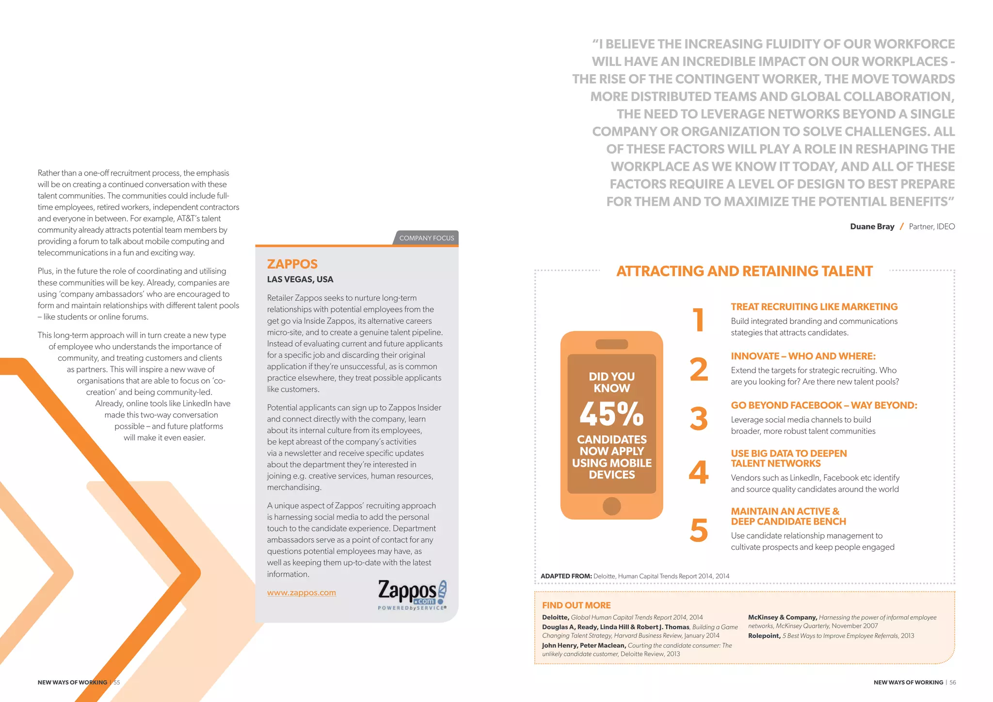 COMPANY FOCUS
FIND OUT MORE
Deloitte, Global Human Capital Trends Report 2014, 2014
Douglas A, Ready, Linda Hill  Robert J. Thomas, Building a Game
Changing Talent Strategy, Harvard Business Review, January 2014
John Henry, Peter Maclean, Courting the candidate consumer: The
unlikely candidate customer, Deloitte Review, 2013
McKinsey  Company, Harnessing the power of informal employee
networks, McKinsey Quarterly, November 2007
Rolepoint, 5 Best Ways to Improve Employee Referrals, 2013
ADAPTED FROM: Deloitte, Human Capital Trends Report 2014, 2014
“I BELIEVE THE INCREASING FLUIDITY OF OUR WORKFORCE
WILL HAVE AN INCREDIBLE IMPACT ON OUR WORKPLACES -
THE RISE OF THE CONTINGENT WORKER, THE MOVE TOWARDS
MORE DISTRIBUTED TEAMS AND GLOBAL COLLABORATION,
THE NEED TO LEVERAGE NETWORKS BEYOND A SINGLE
COMPANY OR ORGANIZATION TO SOLVE CHALLENGES. ALL
OF THESE FACTORS WILL PLAY A ROLE IN RESHAPING THE
WORKPLACE AS WE KNOW IT TODAY, AND ALL OF THESE
FACTORS REQUIRE A LEVEL OF DESIGN TO BEST PREPARE
FOR THEM AND TO MAXIMIZE THE POTENTIAL BENEFITS”
Duane Bray / Partner, IDEO
Rather than a one-off recruitment process, the emphasis
will be on creating a continued conversation with these
talent communities. The communities could include full-
time employees, retired workers, independent contractors
and everyone in between. For example, ATT’s talent
community already attracts potential team members by
providing a forum to talk about mobile computing and
telecommunications in a fun and exciting way.
Plus, in the future the role of coordinating and utilising
these communities will be key. Already, companies are
using ‘company ambassadors’ who are encouraged to
form and maintain relationships with different talent pools
– like students or online forums.
This long-term approach will in turn create a new type
of employee who understands the importance of
community, and treating customers and clients
as partners. This will inspire a new wave of
organisations that are able to focus on ‘co-
creation’ and being community-led.
Already, online tools like LinkedIn have
made this two-way conversation
possible – and future platforms
will make it even easier.
ZAPPOS
LAS VEGAS, USA
Retailer Zappos seeks to nurture long-term
relationships with potential employees from the
get go via Inside Zappos, its alternative careers
micro-site, and to create a genuine talent pipeline.
Instead of evaluating current and future applicants
for a specific job and discarding their original
application if they’re unsuccessful, as is common
practice elsewhere, they treat possible applicants
like customers.
Potential applicants can sign up to Zappos Insider
and connect directly with the company, learn
about its internal culture from its employees,
be kept abreast of the company’s activities
via a newsletter and receive specific updates
about the department they’re interested in
joining e.g. creative services, human resources,
merchandising.
A unique aspect of Zappos’ recruiting approach
is harnessing social media to add the personal
touch to the candidate experience. Department
ambassadors serve as a point of contact for any
questions potential employees may have, as
well as keeping them up-to-date with the latest
information.
www.zappos.com
ATTRACTING AND RETAINING TALENT
DID YOU
KNOW
45%
CANDIDATES
NOW APPLY
USING MOBILE
DEVICES
1
TREAT RECRUITING LIKE MARKETING
Build integrated branding and communications
stategies that attracts candidates.
INNOVATE – WHO AND WHERE:
Extend the targets for strategic recruiting. Who
are you looking for? Are there new talent pools?2
GO BEYOND FACEBOOK – WAY BEYOND:
Leverage social media channels to build
broader, more robust talent communities3
USE BIG DATA TO DEEPEN
TALENT NETWORKS
Vendors such as LinkedIn, Facebook etc identify
and source quality candidates around the world
4
MAINTAIN AN ACTIVE 
DEEP CANDIDATE BENCH
Use candidate relationship management to
cultivate prospects and keep people engaged
5
NEW WAYS OF WORKING | 55 NEW WAYS OF WORKING | 56
 