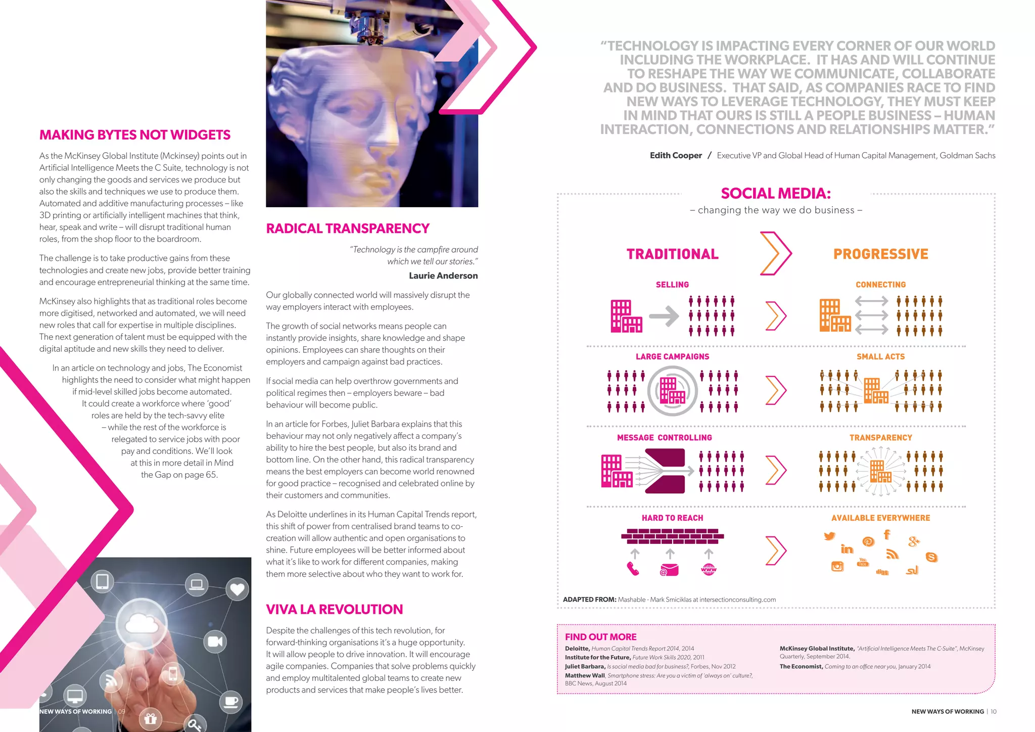 RADICAL TRANSPARENCY
“Technology is the campfire around
which we tell our stories.”
Laurie Anderson
Our globally connected world will massively disrupt the
way employers interact with employees.
The growth of social networks means people can
instantly provide insights, share knowledge and shape
opinions. Employees can share thoughts on their
employers and campaign against bad practices.
If social media can help overthrow governments and
political regimes then – employers beware – bad
behaviour will become public.
In an article for Forbes, Juliet Barbara explains that this
behaviour may not only negatively affect a company’s
ability to hire the best people, but also its brand and
bottom line. On the other hand, this radical transparency
means the best employers can become world renowned
for good practice – recognised and celebrated online by
their customers and communities.
As Deloitte underlines in its Human Capital Trends report,
this shift of power from centralised brand teams to co-
creation will allow authentic and open organisations to
shine. Future employees will be better informed about
what it’s like to work for different companies, making
them more selective about who they want to work for.
VIVA LA REVOLUTION
Despite the challenges of this tech revolution, for
forward-thinking organisations it’s a huge opportunity.
It will allow people to drive innovation. It will encourage
agile companies. Companies that solve problems quickly
and employ multitalented global teams to create new
products and services that make people’s lives better.
TRADITIONAL
SELLING
LARGE CAMPAIGNS
MESSAGE CONTROLLING
HARD TO REACH
PROGRESSIVE
CONNECTING
SMALL ACTS
TRANSPARENCY
AVAILABLE EVERYWHERE
MAKING BYTES NOT WIDGETS
As the McKinsey Global Institute (Mckinsey) points out in
Artificial Intelligence Meets the C Suite, technology is not
only changing the goods and services we produce but
also the skills and techniques we use to produce them.
Automated and additive manufacturing processes – like
3D printing or artificially intelligent machines that think,
hear, speak and write – will disrupt traditional human
roles, from the shop floor to the boardroom.
The challenge is to take productive gains from these
technologies and create new jobs, provide better training
and encourage entrepreneurial thinking at the same time.
McKinsey also highlights that as traditional roles become
more digitised, networked and automated, we will need
new roles that call for expertise in multiple disciplines.
The next generation of talent must be equipped with the
digital aptitude and new skills they need to deliver.
In an article on technology and jobs, The Economist
highlights the need to consider what might happen
if mid-level skilled jobs become automated.
It could create a workforce where ‘good’
roles are held by the tech-savvy elite
– while the rest of the workforce is
relegated to service jobs with poor
pay and conditions. We’ll look
at this in more detail in Mind
the Gap on page 65.
FIND OUT MORE
Deloitte, Human Capital Trends Report 2014, 2014
Institute for the Future, Future Work Skills 2020, 2011
Juliet Barbara, Is social media bad for business?, Forbes, Nov 2012
Matthew Wall, Smartphone stress: Are you a victim of ‘always on’ culture?,
BBC News, August 2014
McKinsey Global Institute, “Artificial Intelligence Meets The C-Suite”, McKinsey
Quarterly, September 2014.
The Economist, Coming to an office near you, January 2014
“TECHNOLOGY IS IMPACTING EVERY CORNER OF OUR WORLD
INCLUDING THE WORKPLACE. IT HAS AND WILL CONTINUE
TO RESHAPE THE WAY WE COMMUNICATE, COLLABORATE
AND DO BUSINESS. THAT SAID, AS COMPANIES RACE TO FIND
NEW WAYS TO LEVERAGE TECHNOLOGY, THEY MUST KEEP
IN MIND THAT OURS IS STILL A PEOPLE BUSINESS – HUMAN
INTERACTION, CONNECTIONS AND RELATIONSHIPS MATTER.”
Edith Cooper / Executive VP and Global Head of Human Capital Management, Goldman Sachs
ADAPTED FROM: Mashable - Mark Smiciklas at intersectionconsulting.com
SOCIAL MEDIA:
– changing the way we do business –
NEW WAYS OF WORKING | 09 NEW WAYS OF WORKING | 10
 