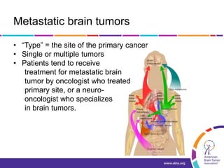 Metastatic brain tumors
• “Type” = the site of the primary cancer
• Single or multiple tumors
• Patients tend to receive
treatment for metastatic brain
tumor by oncologist who treated
primary site, or a neuro-
oncologist who specializes
in brain tumors.
 