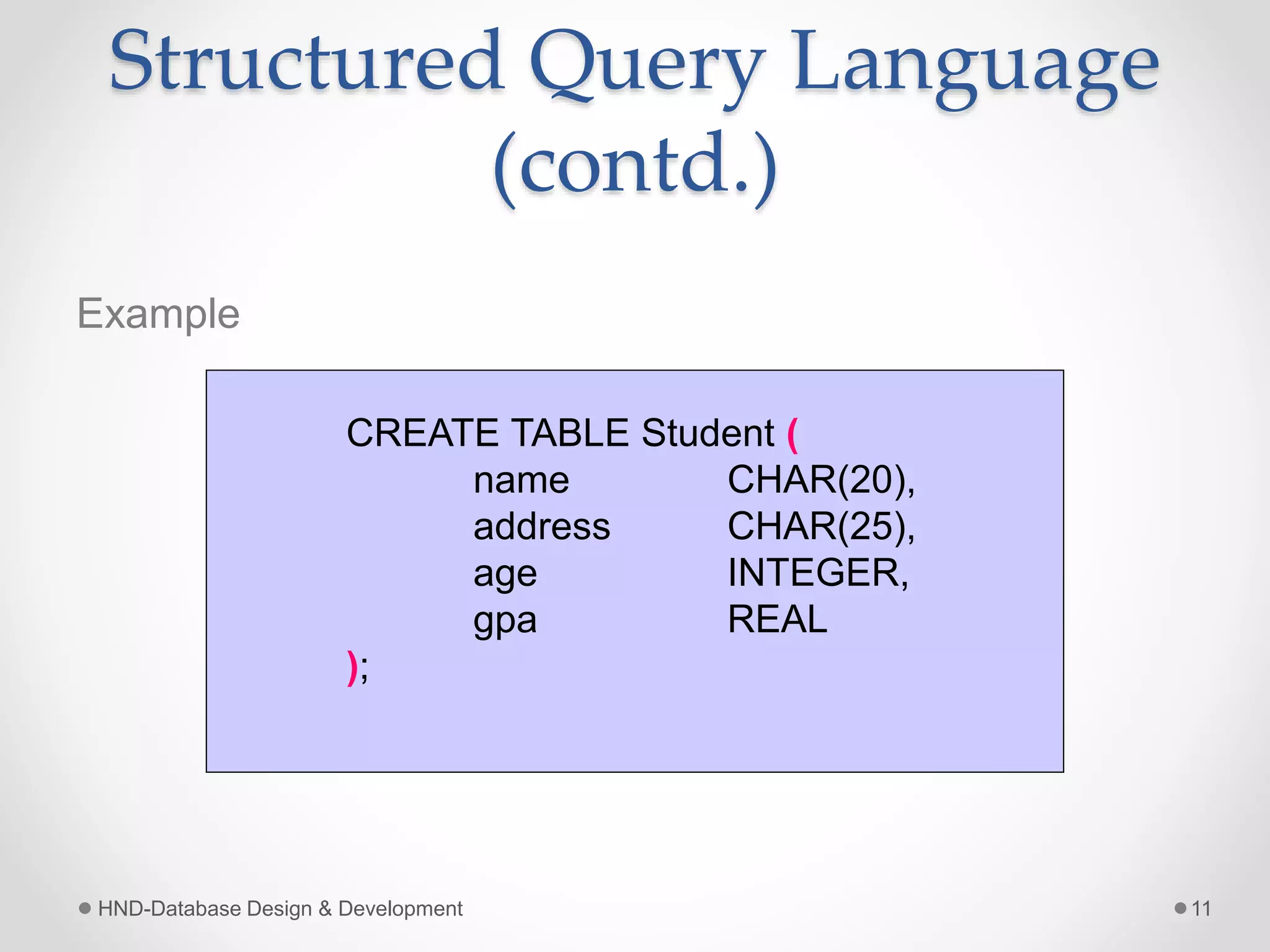 Structured Query Language
(contd.)
Example
HND-Database Design & Development 11
CREATE TABLE Student (
name CHAR(20),
address CHAR(25),
age INTEGER,
gpa REAL
);
 