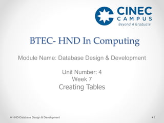 BTEC- HND In Computing
Module Name: Database Design & Development
Unit Number: 4
Week 7
Creating Tables
1
HND-Database Design & Development
 