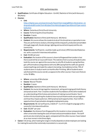 Lucy Pratt 12u 19/10/17
BTEC- performing roles
4 | P a g e
 Qualifications:Certificate of HigherEducation –CertHE/ Bachelorof Arts(withHonours) -
BA (Hons)
 Courses:
 Link:
https://digital.ucas.com/search/results?SearchText=singing&filters=Destination_Un
dergraduate&ProviderText=&SubjectText=&AutoSuggestType=&SearchType=search
barbutton
 Where:CanterburyChristChurchUniversity
 Course:PerformingArts(Vocal Studies)
 Duration: 3 years
 Qualification:Bachelorof Arts (withHonours) - BA (Hons)
 Content:thiscourse allowsthe studentstodoall the disciplinesorspecialiseinone.
They are performance analysis,directinganddevisingwork,productionpresentation
(through stagecraft,theatre design,lightingandsoundtechniques) andthe arts
community.
 Requirements:Tariff points- couldbe made up of a level,BTECExtendedDiplomas
etc.witha successful interview andaudition.
 Cost: £9,250 peryear
 Evaluation: the locationof thiscourse is closertoRingwoodthanLondonis but
there couldstill be anissue withtravel. The statisticsfromasurveyof studentswho
tookthe course are againstthe course due to only9% of studentssayingthatthey
got sufficientadvice andguidance withonly30% sayingthatthe staffsare goodat
explainingthingsandmade the subjectinteresting.Contradictorytothat,75% of
studentswere instudyorwork six monthsafterfinishing.18% of studentswere
satisfiedwiththe course overall, asoppose tothe othercourses Ihave seenthatare
inthe 70-90%s.
 Where:university of Winchester
 Course:Musical Theatre
 Duration: 3 years
 Qualification:Bachelorof Arts (withHonours) - BA (Hons)
 Content:the course bringstogethermovement,actingandsingingwithboththeory
and practical work.Year 1 teachesstudentsthe foundationsof the skillsneededand
an understanding of the historyandcontextsof makingmusical theatre.Year2
furthersthisbutteachingthe studentshow musical theatre works are puttogether
and howtheyimpactaudiences.Withpractical workopportunities. Year3 offers
opportunitiesof specialisationalongside employmentsprep.
 Requirements:96-112 tariff points,A GCES A*- C or 9-4 inEnglishLanguage witha
successful interviewandaudition.
 Cost: £9,250* per year
 Evaluation: the distance fromRingwoodforthislocationisclose comparedwith
otheruniversitiesleavingthe costsof travel andaccommodationdown. The tariff
pointsare alsorelativelylow,again,comparedwiththe othercourses Ihave looked
at as most remaininthe three digits.
 Career:linkat top,whenlookingforsingersitreallydependsonwhatemployersare looking
for makingthe workeitherextremelyinconsistentor a securerjob.
 
