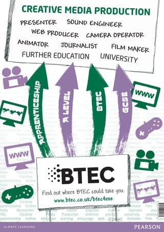 BTEC Creative Media Production ambition positive university employment 
apprenticeship further education learning encourage Web Producer Animator Film Maker 
Media Researcher Presenter Sound Engineer Camera Operator Journalist 
BTEC Creative Media Production ambition positive university employment 
apprenticeship further education learning encourage Web Producer Animator Film Maker 
Media Researcher Presenter Sound Engineer Camera Operator Journalist 
BTEC Creative Media Production ambition positive university employment 
apprenticeship further education learning encourage Web Producer Animator Film Maker 
Media Researcher Presenter Sound Engineer Camera Operator Journalist 
BTEC Creative Media Production ambition positive university employment 
apprenticeship further education learning encourage Web Producer Animator Film Maker 
Media Researcher Presenter Sound Engineer Camera Operator Journalist 
BTEC Creative Media Production ambition positive university employment 
apprenticeship further education learning encourage Web Producer Animator Film Maker 
Media Researcher Presenter Sound Engineer Camera Operator Journalist 
BTEC Creative Media Production ambition positive university employment 
apprenticeship further education learning encourage Web Producer Animator Film Maker 
Media Researcher Presenter Sound Engineer Camera Operator Journalist 
BTEC Creative Media Production ambition positive university employment 
apprenticeship further education learning encourage Web Producer Animator Film Maker 
Media Researcher Presenter Sound Engineer Camera Operator Journalist 
BTEC Creative Media Production ambition positive university employment 
apprenticeship further education learning encourage Web Producer Animator Film Maker 
Media Researcher Presenter Sound Engineer Camera Operator Journalist 
BTEC Creative Media Production ambition positive university employment 
apprenticeship further education learning encourage Web Producer Animator Film Maker 
Media Researcher Presenter Sound Engineer Camera Operator Journalist 
BTEC Creative Media Production ambition positive university employment 
apprenticeship further education learning encourage Web Producer Animator Film Maker 
Media Researcher Presenter Sound Engineer Camera Operator Journalist 
BTEC Creative Media Production ambition positive university employment 
apprenticeship further education learning encourage Web Producer Animator Film Maker 
Media Researcher Presenter Sound Engineer Camera Operator Journalist 
BTEC Creative Media Production ambition positive university employment 
apprenticeship further education learning encourage Web Producer Animator Film Maker 
Media Researcher Presenter Sound Engineer Camera Operator Journalist 
BTEC Creative Media Production ambition positive university employment 
apprenticeship further education learning encourage Web Producer Animator Film Maker 
Media Researcher Presenter Sound Engineer Camera Operator Journalist 
BTEC Creative Media Production ambition positive university employment 
apprenticeship further education learning encourage Web Producer Animator Film Maker 
Media Researcher Presenter Sound Engineer Camera Operator Journalist 
BTEC Creative Media Production ambition positive university employment 
apprenticeship further education learning encourage Web Producer Animator Film Maker 
Media Researcher Presenter Sound Engineer Camera Operator Journalist 
BTEC Creative Media Production ambition positive university employment 
apprenticeship further education learning encourage Web Producer Animator Film Maker 
Media Researcher Presenter Sound Engineer Camera Operator Journalist 
BTEC Creative Media Production ambition positive university employment 
apprenticeship further education learning encourage Web Producer Animator Film Maker 
Media Researcher Presenter Sound Engineer Camera Operator Journalist 
BTEC Creative Media Production ambition positive university employment 
apprenticeship further education learning encourage Web Producer Animator Film Maker 
Media Researcher Presenter Sound Engineer Camera Operator Journalist 
BTEC Creative Media Production ambition positive university employment 
BTEC 
GCSE 
APPRENTICESHIP 
A LEVEL 
CREATIVE MEDIA PRODUCTION 
PRESENTER 
JOURNALIST ANIMATOR 
FILM MAKER 
UNIVERSITY FURTHER EDUCATION 
SOUND ENGINEER 
WEB PRODUCER CAMERA OPERATOR 
Find out where BTEC could take you. 
www.btec.co.uk/btec4me 
S942f 
