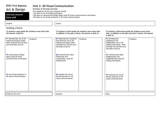 BTEC First Diploma             Unit 3: 3D Visual Communication
Art & Design                   Summary of learning outcomes
                               On completion of this unit a learner should:
                               1 Be able to use 3D making techniques
Internally assessed            2 Be able to communicate design ideas using 3D visual communication techniques
Core unit                      3 Be able to use formal elements in 3D visual communication.


Student                                                    Centre

Grading criteria
To achieve a pass grade the evidence must show that        To achieve a merit grade the evidence must show that,       To achieve a distinction grade the evidence must show
the learner is able to:                                    in addition to the pass criteria, the learner is able to:   that, in addition to the pass and merit criteria, the learner
                                                                                                                       is able to:
P1 demonstrate use of 3D    Evidence                       M1 demonstrate consistent     Evidence                      D1 demonstrate                Evidence
making techniques safely                                   and effective use of 3D                                     imaginative and
when working from primary                                  making techniques when                                      independent use of 3D
and secondary sources                                      working from primary and                                    making techniques, when
                                                           secondary sources                                           working from primary and
                                                                                                                       secondary sources


P2 communicate design                                      M2 communicate ideas                                        D2 communicate ideas
ideas using 3D visual                                      effectively and                                             imaginatively and
communication techniques                                   consistently, using 3D                                      independently using 3D
                                                           making skills                                               making techniques




P3 use formal elements in                                  M3 explain the use of                                       D3 evaluate the use of
3D visual communication.                                   formal elements in 3D                                       formal elements in 3D
                                                           visual communication.                                       visual communication.




Grade for this unit                                        Assessor                                                    Date
 