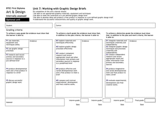 BTEC First Diploma               Unit 7: Working with Graphic Design Briefs
Art & Design                     On completion of this unit a learner should:
                                 1 Be able to use appropriate graphics materials, equipment and techniques
Internally assessed              2 Be able to meet the constraints of a pre-defined graphic design brief
                                 3 Be able to develop ideas and produce a final product in response to a pre-defined graphic design brief
Optional unit                    4 Understand the successful characteristics and quality of graphic design work.


Student                                                       Centre

Grading criteria
To achieve a pass grade the evidence must show that            To achieve a merit grade the evidence must show that,            To achieve a distinction grade the evidence must show
the learner is able to:                                        in addition to the pass criteria, the learner is able to:        that, in addition to the pass and merit criteria, the learner
                                                                                                                                is able to:
P1 use materials,             Evidence                         M1 explore materials and          Evidence                       D1 integrate materials and    Evidence
equipment and                                                  techniques effectively                                           techniques creatively and
techniques safely                                                                                                               independently
                                                               M2 explore graphic design                                        D2 integrate graphic design
P2 use graphic design                                          processes effectively                                            techniques and processes
processes                                                                                                                       creatively and
                                                               M3 conduct competent                                             independently
P3 research and record                                         research and record                                              D3 conduct independent
primary and secondary                                          appropriate visual and other                                     research and record
sources in response to a                                       information from primary and                                     appropriate visual and
pre-defined brief                                              secondary sources in response                                    other information from
                                                               to a predefined brief                                            primary and secondary
                                                                                                                                sources

P4 produce developmental                                       M4 produce effective and                                         D4 produce imaginative
work and a final product in                                    varied developmental work                                        and varied developmental
response to a brief                                            and a final product to meet a                                    work and final product to
                                                               brief                                                            meet a brief


P5 discuss successful                                          M5 compare and contrast                                          D5 evaluate experimental,
graphic design work.                                           experimental, development                                        development and final
                                                               and final creative works.                                        creative works.




                                                                                Interim grade                Interim grade                  Interim grade            Final grade
Assessor
                                                                                          Date                       Date                           Date                    Date
 