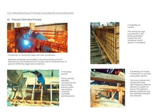 3.1.5. Manufacturing of Precast Concrete Structural Elements
A) Precast Concrete Process
1.Production of reinforced cages and main connections
Specialist workshops are standby in the precast factory for the
manufacture and maintenance of moulds, and for the production of
jig-built reinforcing cages and connections.
2. Assembly of
moulds
The reinforced cage
is positioned in the
partly assembled
mould, then the
remaining mould
section is completed.
4. Assembly of moulds
Compaction of concrete
using poker vibrator
Concrete is placed and
compacted using
high-frequency external
vibrators or pokers to
ensure that optimum
density is obtained and
that specified strengths
are achieved.
3. Mix being
poured
Place carefully
specified
concrete into the
mould. Many
precast works
now employ
computer
controlled
batching plants.
 