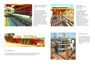 5. Precast concrete being
moved to the storage
area
The precast units are
moved to the storage
area once an appropriate
strength has been
reached. Units are usually
handled within hours of
casting as part of the
rapid production cycle.
Economies of production
are achieved through the
repetitive and automated
process.
6. Storage of
high-quality units in
works area
The finished precast
components are
stacked on clean
battens or plastic pads
positioned to suit the
design of the
component. Care is
taken to keep the stacks
vertical and to ensure
that battens are placed
directly above one
another within the stack.
8. Erection at site
The components are
erected straight from
the lorry. This leads to
faster erection times
with reduced on-site
activity.
7. Transport to site
The components are delivered to site in a predetermined sequence to
ensure that hardened concrete are ready for instant erection.
 