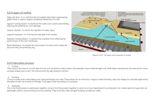 Steel roof deck- It is a cold formed corrugated steel sheet supported by
gable frame. It used to support insulating membrane of a roof.
Gypsum overlay board- To distribute the loads over a wider area thereby
reducing the potential for such damage.
Vapour retarder- To retard the migration of water vapor.
Layered insulation- To minimise the heat gain from outside.
Asphaltic Overlap Board- To prevent the insulation from affecting the
performance of the roof membrane.
Base Membrane- To prevent the transmission of water and to keep the
structure they are protecting dry.
3.2.4 Layers of roofing
3.2.5 Fabrication process
1. Cutting
There have a few tools to cut the steel of truss such as plasma cutters, lasers, and waterjets. Saws create straight cuts, while lasers and plasmas are reserved for more
complex shapes and curves. The hole punches by high-pressure notches.
2. Forming
To form trusses, both press baking and rolling techniques are used. These allows for an enormous range of metal thickness, sizes and shapes for versatile applications.
Standard trusses use a series of triangle. Truss type is built according to its purpose.
3. Assembly
This is the final process to weld pieces together, bring to the final product together to serve as a truss. Experienced truss fabricator can create optimal trusses that are
lightweight without compromising structural stability. They must also meet stringent building compliance codes.
Diagram 3.2.4.1 .The layers and component of roofing
 