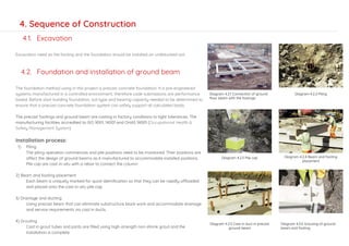 Diagram 4.2.1 Connection of ground
floor beam with the footings
Diagram 4.2.2 Piling
Diagram 4.2.3 Pile cap Diagram 4.2.4 Beam and footing
placement
Diagram 4.2.5 Cast in duct in precast
ground beam
Diagram 4.2.6 Grouting of ground
beam and footing
4. Sequence of Construction
4.1. Excavation
Excavation need as the footing and the foundation should be installed on undisturbed soil.
4.2. Foundation and installation of ground beam
The foundation method using in this project is precast concrete foundation. It is pre-engineered
systems manufactured in a controlled environment; therefore code submissions are performance
based. Before start building foundation, soil type and bearing capacity needed to be determined to
ensure that a precast concrete foundation system can safely support all calculated loads.
The precast footings and ground beam are casting in factory conditions to tight tolerances. The
manufacturing facilities accredited to ISO 9001, 14001 and OHAS 18001 (Occupational Health &
Safety Management System)
Installation process:
1) Piling
The piling operation commences and pile positions need to be monitored. Their positions are
affect the design of ground beams as it manufactured to accommodate installed positions.
Pile cap are cast-in-situ with a rebar to connect the column.
2) Beam and footing placement
Each beam is uniquely marked for quick identification so that they can be rapidly offloaded
and placed onto the cast-in-situ pile cap.
3) Drainage and ducting
Using precast beam that can eliminate substructure block work and accommodate drainage
and service requirements via cast in ducts.
4) Grouting
Cast in grout tubes and joints are filled using high-strength non-shrink grout and the
installation is complete.
 