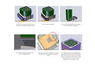 9) Strip the outside shaft formwork
after the concrete completely cured.
10) Uninstall the tie-pod 11) Lift the inside shaft by tower crane,
and assemble the inside shaft
12) Drop the internal shaft into the
latch installed before
13) Adjust the level of platform by using
the guideline at the side of the interior
shaft
14) Repeat the process started from
step 3-6 until built up into desired floor
level. The continues, which is normally
three to five days. Faster times can be
achieved but it will need a really
specialized and trained crew.
 