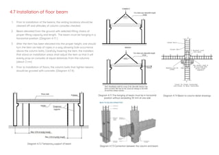 4.7 Installation of floor beam
1. Prior to installation of the beams, the resting locations should be
cleaned off and altitudes of column consoles checked.
2. Beam elevated from the ground with selected lifting chains of
proper lifting capacity and length. The beam must be hanging in a
horizontal position. (Diagram 4.7.1 )
3. After the item has been elevated into the proper height, one should
turn the item via help of ropes in a way allowing hole occurrence
above the column bolts. Carefully lowering the item, the installers
that stand on installation areas shall adjust the item so that it will
evenly prop on consoles at equal distances from the columns
(about 2 cm)
4. Prior to installation of floors, the column bolts that tighten beams
should be grouted with concrete. (Diagram 4.7.4)
Diagram 4.7.2 Temporary support of beam
Diagram 4.7.1 The hanging of beam must be in horizontal
position without exceeding 30 mm at one side
Diagram 4.7.3 Connection between the column and beam
Diagram 4.7.4 Beam to column detail drawings
 