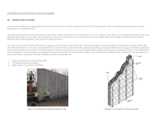 3.1.3 Elements of Precast Concrete System
A) Hollow Core Panels
A wall panel is defined as a single piece of material in this case is concrete usually flat and cut into a rectangular shape. A prefabricated wall panel is a panel
fabricated at an offsite location.
The type of panels that are used are hollow core panels. Hollow core panels are named after its circular voids or cores which run throughout the slab in them that
reduce weight and cost, and also may be utilized for electrical or mechanical runs. Hollow core can be installed either horizontally or vertically to provide an
effective wall cladding system, often used with steel structures.
The units have a smooth finish and maximum capacity of 2.3 kn/sqm over a 16m span. They are available in standard 1200mm widths and in depths of 150, 200,
250, 300 and 400 mm. In our case, we used 200mm for external walls and 150 mm for internal walls. They can be used effectively in all types of building providing
a fast and cost-effective structure. This helps keep the construction process on track and adds another layer of efficiency to the project. Walls can be classified as
infill or cantilever. Infill walls rely on connecting composite action with the frame which is beam and column while cantilever walls or boxes act as deep beams to
which the frame is attached. The other benefits of hollow core panels are:
1. Quick and efficient in constructing walls
2. Complete geometric flexibility
3. Wide range of architectural finishes
Diagram 3.1.3.2. Section of hollow core panel.Figure 3.1.3.1. Example of hollow core panels on site.
 