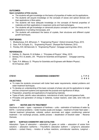 12
OUTCOMES:
Upon completion of this course,
● The students will gain knowledge on the basics of properties of matter and its applications,
● The students will acquire knowledge on the concepts of waves and optical devices and
their applications in fibre optics,
● The students will have adequate knowledge on the concepts of thermal properties of
materials and their applications in expansion joints and heat exchangers,
● The students will get knowledge on advanced physics concepts of quantum theory and its
applications in tunneling microscopes, and
● The students will understand the basics of crystals, their structures and different crystal
growth techniques.
TEXT BOOKS:
1. Bhattacharya, D.K. &Poonam, T. “Engineering Physics”. Oxford University Press, 2015.
2. Gaur, R.K. & Gupta, S.L. “Engineering Physics”. Dhanpat Rai Publishers, 2012.
3. Pandey, B.K. &Chaturvedi, S. “Engineering Physics”. Cengage Learning India, 2012.
REFERENCES:
1. Halliday, D., Resnick, R. & Walker, J. “Principles of Physics”. Wiley, 2015.
2. Serway, R.A. & Jewett, J.W. “Physics for Scientists and Engineers”. Cengage Learning,
2010.
3. Tipler, P.A. &Mosca, G. “Physics for Scientists and Engineers with Modern Physics’.
W.H.Freeman, 2007.
CY8151 ENGINEERING CHEMISTRY L T P C
3 0 0 3
OBJECTIVES:
● To make the students conversant with boiler feed water requirements, related problems and
water treatment techniques.
● To develop an understanding of the basic concepts of phase rule and its applications to single
and two component systems and appreciate the purpose and significance of alloys.
● Preparation, properties and applications of engineering materials.
● Types of fuels, calorific value calculations, manufacture of solid, liquid and gaseous fuels.
● Principles and generation of energy in batteries, nuclear reactors, solar cells, wind mills and
fuel cells.
UNIT I WATER AND ITS TREATMENT 9
Hardness of water – types – expression of hardness – units – estimation of hardness of water by
EDTA – numerical problems – boiler troubles (scale and sludge) – treatment of boiler feed water –
Internal treatment (phosphate, colloidal, sodium aluminate and calgon conditioning) external
treatment – Ion exchange process, zeolite process – desalination of brackish water - Reverse
Osmosis.
UNIT II SURFACE CHEMISTRY AND CATALYSIS 9
Adsorption: Types of adsorption – adsorption of gases on solids – adsorption of solute from
solutions – adsorption isotherms – Freundlich’s adsorption isotherm – Langmuir’s adsorption
isotherm – contact theory – kinetics of surface reactions, unimolecular reactions, Langmuir -
 
