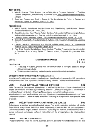 15
TEXT BOOKS:
1. Allen B. Downey, ``Think Python: How to Think Like a Computer Scientist’’, 2nd
edition,
Updated for Python 3, Shroff/O’Reilly Publishers, 2016 (http://greenteapress.com/wp/think-
python/)
2. Guido van Rossum and Fred L. Drake Jr, “An Introduction to Python – Revised and
updated for Python 3.2, Network Theory Ltd., 2011.
REFERENCES:
1. John V Guttag, “Introduction to Computation and Programming Using Python’’, Revised
and expanded Edition, MIT Press, 2013
2. Robert Sedgewick, Kevin Wayne, Robert Dondero, “Introduction to Programming in Python:
An Inter-disciplinary Approach, Pearson India Education Services Pvt. Ltd., 2016.
3. Timothy A. Budd, “Exploring Python”, Mc-Graw Hill Education (India) Private Ltd.,, 2015.
4. Kenneth A. Lambert, “Fundamentals of Python: First Programs”, CENGAGE Learning,
2012.
5. Charles Dierbach, “Introduction to Computer Science using Python: A Computational
Problem-Solving Focus, Wiley India Edition, 2013.
6. Paul Gries, Jennifer Campbell and Jason Montojo, “Practical Programming: An Introduction
to Computer Science using Python 3”, Second edition, Pragmatic Programmers, LLC,
2013.
GE8152 ENGINEERING GRAPHICS L T P C
2 0 4 4
OBJECTIVES:
● To develop in students, graphic skills for communication of concepts, ideas and design
of Engineering products.
● To expose them to existing national standards related to technical drawings.
CONCEPTS AND CONVENTIONS (Not for Examination) 1
Importance of graphics in engineering applications – Use of drafting instruments – BIS conventions
and specifications – Size, layout and folding of drawing sheets – Lettering and dimensioning.
UNIT I PLANE CURVES AND FREEHAND SKETCHING 7+12
Basic Geometrical constructions, Curves used in engineering practices: Conics – Construction of
ellipse, parabola and hyperbola by eccentricity method – Construction of cycloid – construction of
involutes of square and circle – Drawing of tangents and normal to the above curves.
Visualization concepts and Free Hand sketching: Visualization principles –Representation of Three
Dimensional objects – Layout of views- Freehand sketching of multiple views from pictorial views
of objects
UNIT II PROJECTION OF POINTS, LINES AND PLANE SURFACE 6+12
Orthographic projection- principles-Principal planes-First angle projection-projection of points.
Projection of straight lines (only First angle projections) inclined to both the principal planes -
Determination of true lengths and true inclinations by rotating line method and traces Projection of
planes (polygonal and circular surfaces) inclined to both the principal planes by rotating object
method.
UNIT III PROJECTION OF SOLIDS 5+12
Projection of simple solids like prisms, pyramids, cylinder, cone and truncated solids when the axis
 