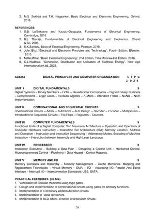 26
2. M.S. Sukhija and T.K. Nagsarkar, Basic Electrical and Electronic Engineering, Oxford,
2016.
REFERENCES:
1. S.B. LalSeksena and KaustuvDasgupta, Fundaments of Electrical Engineering,
Cambridge, 2016
2. B.L Theraja, Fundamentals of Electrical Engineering and Electronics. Chand
& Co, 2008.
3. S.K.Sahdev, Basic of Electrical Engineering, Pearson, 2015
4. John Bird, “Electrical and Electronic Principles and Technology”, Fourth Edition, Elsevier,
2010.
5. Mittle,Mittal, “Basic Electrical Engineering”, 2nd Edition, Tata McGraw-Hill Edition, 2016.
6. C.L.Wadhwa, “Generation, Distribution and Utilisation of Electrical Energy”, New Age
international pvt.ltd.,2003.
AD8252 DIGITAL PRINCIPLES AND COMPUTER ORGANIZATION L T P C
3 0 2 4
UNIT I DIGITAL FUNDAMENTALS 9
Digital Systems – Binary Numbers – Octal – Hexadecimal Conversions – Signed Binary Numbers
– Complements – Logic Gates – Boolean Algebra – K-Maps – Standard Forms – NAND – NOR
Implementation.
UNIT II COMBINATIONAL AND SEQUENTIAL CIRCUITS 9
Combinational circuits – Adder – Subtractor – ALU Design – Decoder – Encoder – Multiplexers –
Introduction to Sequential Circuits – Flip-Flops – Registers – Counters.
UNIT III COMPUTER FUNDAMENTALS 9
Functional Units of a Digital Computer: Von Neumann Architecture – Operation and Operands of
Computer Hardware Instruction – Instruction Set Architecture (ISA): Memory Location, Address
and Operation – Instruction and Instruction Sequencing – Addressing Modes, Encoding of Machine
Instruction – Interaction between Assembly and High Level Language.
UNIT IV PROCESSOR 9
Instruction Execution – Building a Data Path – Designing a Control Unit – Hardwired Control,
Microprogrammed Control – Pipelining – Data Hazard – Control Hazards.
UNIT V MEMORY AND I/O 9
Memory Concepts and Hierarchy – Memory Management – Cache Memories: Mapping and
Replacement Techniques – Virtual Memory – DMA – I/O – Accessing I/O: Parallel And Serial
Interface – Interrupt I/O – Interconnection Standards: USB, SATA.
PRACTICAL EXERCISES (30 hrs)
1. Verification of Boolean theorems using logic gates.
2. Design and implementation of combinational circuits using gates for arbitrary functions.
3. Implementation of 4-bit binary adder/subtractor circuits.
4. Implementation of code converters.
5. Implementation of BCD adder, encoder and decoder circuits.
 