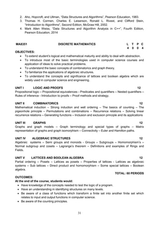 31
2. Aho, Hopcroft, and Ullman, “Data Structures and Algorithms”, Pearson Education, 1983.
3. Thomas H. Cormen, Charles E. Leiserson, Ronald L. Rivest, and Clifford Stein,
“Introduction to Algorithms", Second Edition, McGraw Hill, 2002.
4. Mark Allen Weiss, “Data Structures and Algorithm Analysis in C++”, Fourth Edition,
Pearson Education, 2014
MA8351 DISCRETE MATHEMATICS L T P C
4 0 0 4
OBJECTIVES:
 To extend student’s logical and mathematical maturity and ability to deal with abstraction.
 To introduce most of the basic terminologies used in computer science courses and
application of ideas to solve practical problems.
 To understand the basic concepts of combinatorics and graph theory.
 To familiarize the applications of algebraic structures.
 To understand the concepts and significance of lattices and boolean algebra which are
widely used in computer science and engineering.
UNIT I LOGIC AND PROOFS 12
Propositional logic – Propositional equivalences - Predicates and quantifiers – Nested quantifiers –
Rules of inference - Introduction to proofs – Proof methods and strategy.
UNIT II COMBINATORICS 12
Mathematical induction – Strong induction and well ordering – The basics of counting – The
pigeonhole principle – Permutations and combinations – Recurrence relations – Solving linear
recurrence relations – Generating functions – Inclusion and exclusion principle and its applications
UNIT III GRAPHS 12
Graphs and graph models – Graph terminology and special types of graphs – Matrix
representation of graphs and graph isomorphism – Connectivity – Euler and Hamilton paths.
UNIT IV ALGEBRAIC STRUCTURES 12
Algebraic systems – Semi groups and monoids - Groups – Subgroups – Homomorphism’s –
Normal subgroup and cosets – Lagrange’s theorem – Definitions and examples of Rings and
Fields.
UNIT V LATTICES AND BOOLEAN ALGEBRA 12
Partial ordering – Posets – Lattices as posets – Properties of lattices - Lattices as algebraic
systems – Sub lattices – Direct product and homomorphism – Some special lattices – Boolean
algebra.
TOTAL: 60 PERIODS
OUTCOMES:
At the end of the course, students would:
 Have knowledge of the concepts needed to test the logic of a program.
 Have an understanding in identifying structures on many levels.
 Be aware of a class of functions which transform a finite set into another finite set which
relates to input and output functions in computer science.
 Be aware of the counting principles.
 