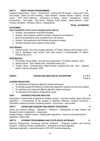 36
UNIT V EVENT DRIVEN PROGRAMMING 9
Graphics programming - Frame – Components - working with 2D shapes - Using color, fonts,
and images - Basics of event handling - event handlers - adapter classes - actions - mouse
events - AWT event hierarchy - Introduction to Swing – layout management - Swing
Components – Text Fields , Text Areas – Buttons- Check Boxes – Radio Buttons – Lists-
choices- Scrollbars – Windows –Menus – Dialog Boxes.
TOTAL: 45 PERIODS
OUTCOMES:
Upon completion of the course, students will be able to:
 Develop Java programs using OOP principles
 Develop Java programs with the concepts inheritance and interfaces
 Build Java applications using exceptions and I/O streams
 Develop Java applications with threads and generics classes
 Develop interactive Java programs using swings
TEXT BOOKS:
1. Herbert Schildt, “Java The complete reference”, 8th
Edition, McGraw Hill Education, 2011.
2. Cay S. Horstmann, Gary cornell, “Core Java Volume –I Fundamentals”, 9th
Edition,
Prentice Hall, 2013.
REFERENCES:
1. Paul Deitel, Harvey Deitel, “Java SE 8 for programmers”, 3rd
Edition, Pearson, 2015.
2. Steven Holzner, “Java 2 Black book”, Dreamtech press, 2011.
3. Timothy Budd, “Understanding Object-oriented programming with Java”, Updated
Edition, Pearson Education, 2000.
AD8351 DESIGN AND ANALYSIS OF ALGORITHMS L T P C
3 0 2 4
COURSE OBJECTIVES
 To understand and apply the algorithm analysis techniques.
 To critically analyze the efficiency of alternative algorithmic solutions for the same problem
 To understand and implement different algorithm design techniques.
 To understand the limitations of Algorithmic power
UNIT I INTRODUCTION AND ANALYSIS 9
Introduction: Fundamentals of algorithmic Problem solving – Important problem types; Recursive
algorithms, -- Fundamentals of the Analysis of Algorithm Efficiency: Analysis framework --
Asymptotic notations and basic complexity classes – recurrences – case studies
UNIT II DIVIDE-AND-CONQUER AND GREEDY STRATEGIES 9
Divide and Conquer strategy -- Mergesort -- Quicksort -- Multiplication of large integers and
Strassen's matrix multiplication – closest pairs
Greedy strategy – Huffman coding – shortest paths algorithms – minimum-cost spanning tree
algorithms –disjoint sets
UNIT III DYNAMIC PROGRAMMING AND STATE-SPACE APPROACH 9
Dynamic Programming: Computing binomial coefficient – Knapsack problem and memory
functions – ordering of matrix multiplications -- Warshall's and Floyd's algorithm
State-space approach – exhaustive search: DFS, BFS, Iterative deepening
 