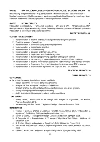 37
UNIT IV BACKTRACKING , ITERATIVE IMPROVEMENT, AND BRANCH & BOUND 10
Backtracking and permutations – N-queens problem – Hamilton circuits – best-first search --
Iterative Improvement: Stable marriage -- Maximum matching in bipartite graphs – maximum flow -
-- Branch and Bound: Knapsack problem -- Traveling salesman problem
UNIT V INTRACTABILITY 8
Introduction to intractability -- Polynomial reductions – SAT and 3-SAT – NP-complete and NP-
Hard problems -- Approximation algorithms: Traveling salesman problem -- Knapsack problem –
Introduction to randomized and parallel algorithms
THEORY PERIODS: 45
SUGGESTIVE EXERCISES
1. Implementation of iterative and recursive algorithms for the given problem
2. Empirical analysis of algorithms
3. Implementation of divide-and-conquer sorting algorithms
4. Implementation of closest-pairs algorithm
5. Implementation of Huffman coding
6. Implementation of Dijkstra’s and Prim’s algorithms
7. Implementation of disjoint sets and Kruskal’s algorithm
8. Implementation of dynamic programming algorithm for knapsack problem
9. Implementation of backtracking to solve n-Queens and Hamilton circuits problems
10. Implementation of iterative improvement strategy for stable marriage and maxflow problems
11. Implementation of Branch and Bound technique to solve knapsack and TSP problems
12. Implementation of approximation algorithms for knapsack and TSP problems
PRACTICAL PERIODS: 30
TOTAL PERIODS: 75
OUTCOMES:
At the end of the course, the students should be able to:
 Design algorithms for various computing problems.
 Analyze the time and space complexity of algorithms.
 Critically analyze the different algorithm design techniques for a given problem.
 Modify existing algorithms to improve efficiency
 Ability to implement techniques in solving real time problems
TEXT BOOKS
1. Anany Levitin, ``Introduction to the Design and Analysis of Algorithms'', 3rd Edition,
Pearson Education, 2012.
2. Jon Kleinberg and Eva Tardos, ``Algorithm Design’’, Pearson Education, 2006.
REFERENCES
1. Thomas H Cormen, Charles E Leiserson, Ronald L Rivest, Clifford Stein, ``Introduction to
Algorithms'', 3rd Edition, PHI Learning Private Limited, 2012.
2. Steven S Skiena, ``The Algorithm Design Manual'', 2nd Edition, Springer, 2008.
3. S Dasgupta, C H Papadimitriou, U V Vazirani,``Algorithms'',1st Edition, McGraw Hill
Education, 2017.
4. S. Sridhar, “Design and Analysis of Algorithms”, Oxford University Press, 2015.
5. Sara Baase and Allen Van Gelder, Computer Algorithms, Third Edition, Pearson Education,
2000.
6. Dexter C. Kozen, The Design and Analysis of Algorithms, Springer-Verlag, 1992.
 