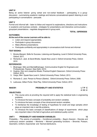 41
UNIT IV
Being an active listener: giving verbal and non-verbal feedback - participating in a group
discussion - summarizing academic readings and lectures conversational speech listening to and
participating in conversations - persuade.
UNIT V
Formal and informal talk - listen to follow and respond to explanations, directions and instructions
in academic and business contexts - strategies for presentations and interactive communication -
group/pair presentations - negotiate disagreement in group work.
TOTAL :30PERIODS
OUTCOMES:
At the end of the course Learners will be able to:
 Listen and respond appropriately.
 Participate in group discussions
 Make effective presentations
 Participate confidently and appropriately in conversations both formal and informal
TEXT BOOKS:
1. Brooks,Margret. Skills for Success. Listening and Speaking. Level 4 Oxford University Press,
Oxford: 2011.
2. Richards,C. Jack. & David Bholke. Speak Now Level 3. Oxford University Press, Oxford:
2010
REFERENCES:
1. Bhatnagar, Nitin and MamtaBhatnagar. Communicative English for Engineers and
Professionals. Pearson: New Delhi, 2010.
2. Hughes, Glyn and Josephine Moate. Practical English Classroom. Oxford University Press:
Oxford, 2014.
3. Vargo, Mari. Speak Now Level 4. Oxford University Press: Oxford, 2013.
4. Richards C. Jack. Person to Person (Starter). Oxford University Press: Oxford, 2006.
5. Ladousse, Gillian Porter. Role Play. Oxford University Press: Oxford, 2014
MA8391 PROBABILITY AND STATISTICS L T P C
4 0 0 4
OBJECTIVES:
 This course aims at providing the required skill to apply the statistical tools in engineering
problems.
 To introduce the basic concepts of probability and random variables.
 To introduce the basic concepts of two dimensional random variables.
 To familiarize the knowledge of testing of hypothesis for small and large samples which
plays an important role in real life problems.
 To introduce the basic concepts of classifications of design of experiments which plays
very important roles in the field of agriculture and statistical quality control.
UNIT I PROBABILITY AND RANDOM VARIABLES 12
Probability – The axioms of probability – Conditional probability – Baye’s theorem - Discrete and
continuous random variables – Moments – Moment generating functions – Binomial, Poisson,
Geometric, Uniform, Exponential and Normal distributions.
 