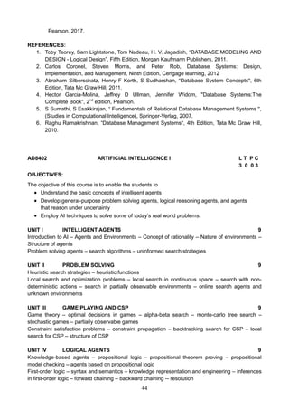 44
Pearson, 2017.
REFERENCES:
1. Toby Teorey, Sam Lightstone, Tom Nadeau, H. V. Jagadish, “DATABASE MODELING AND
DESIGN - Logical Design”, Fifth Edition, Morgan Kaufmann Publishers, 2011.
2. Carlos Coronel, Steven Morris, and Peter Rob, Database Systems: Design,
Implementation, and Management, Ninth Edition, Cengage learning, 2012
3. Abraham Silberschatz, Henry F Korth, S Sudharshan, “Database System Concepts'', 6th
Edition, Tata Mc Graw Hill, 2011.
4. Hector Garcia-Molina, Jeffrey D Ullman, Jennifer Widom, "Database Systems:The
Complete Book", 2nd
edition, Pearson.
5. S Sumathi, S Esakkirajan, “ Fundamentals of Relational Database Management Systems '',
(Studies in Computational Intelligence), Springer-Verlag, 2007.
6. Raghu Ramakrishnan, “Database Management Systems'', 4th Edition, Tata Mc Graw Hill,
2010.
AD8402 ARTIFICIAL INTELLIGENCE I L T P C
3 0 0 3
OBJECTIVES:
The objective of this course is to enable the students to
 Understand the basic concepts of intelligent agents
 Develop general-purpose problem solving agents, logical reasoning agents, and agents
that reason under uncertainty
 Employ AI techniques to solve some of today’s real world problems.
UNIT I INTELLIGENT AGENTS 9
Introduction to AI – Agents and Environments – Concept of rationality – Nature of environments –
Structure of agents
Problem solving agents – search algorithms – uninformed search strategies
UNIT II PROBLEM SOLVING 9
Heuristic search strategies – heuristic functions
Local search and optimization problems – local search in continuous space – search with non-
deterministic actions – search in partially observable environments – online search agents and
unknown environments
UNIT III GAME PLAYING AND CSP 9
Game theory – optimal decisions in games – alpha-beta search – monte-carlo tree search –
stochastic games – partially observable games
Constraint satisfaction problems – constraint propagation – backtracking search for CSP – local
search for CSP – structure of CSP
UNIT IV LOGICAL AGENTS 9
Knowledge-based agents – propositional logic – propositional theorem proving – propositional
model checking – agents based on propositional logic
First-order logic – syntax and semantics – knowledge representation and engineering – inferences
in first-order logic – forward chaining – backward chaining -- resolution
 