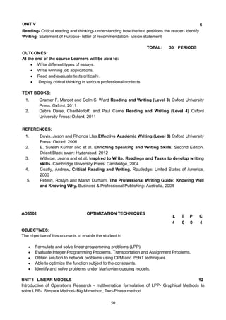 50
UNIT V 6
Reading- Critical reading and thinking- understanding how the text positions the reader- identify
Writing- Statement of Purpose- letter of recommendation- Vision statement
TOTAL: 30 PERIODS
OUTCOMES:
At the end of the course Learners will be able to:
 Write different types of essays.
 Write winning job applications.
 Read and evaluate texts critically.
 Display critical thinking in various professional contexts.
TEXT BOOKS:
1. Gramer F. Margot and Colin S. Ward Reading and Writing (Level 3) Oxford University
Press: Oxford, 2011
2. Debra Daise, CharlNorloff, and Paul Carne Reading and Writing (Level 4) Oxford
University Press: Oxford, 2011
REFERENCES:
1. Davis, Jason and Rhonda LIss.Effective Academic Writing (Level 3) Oxford University
Press: Oxford, 2006
2. E. Suresh Kumar and et al. Enriching Speaking and Writing Skills. Second Edition.
Orient Black swan: Hyderabad, 2012
3. Withrow, Jeans and et al. Inspired to Write. Readings and Tasks to develop writing
skills. Cambridge University Press: Cambridge, 2004
4.
5.
Goatly, Andrew. Critical Reading and Writing. Routledge: United States of America,
2000
Petelin, Roslyn and Marsh Durham. The Professional Writing Guide: Knowing Well
and Knowing Why. Business & Professional Publishing: Australia, 2004
AD8501 OPTIMIZATION TECHNIQUES
OBJECTIVES:
The objective of this course is to enable the student to
 Formulate and solve linear programming problems (LPP)
 Evaluate Integer Programming Problems, Transportation and Assignment Problems.
 Obtain solution to network problems using CPM and PERT techniques.
 Able to optimize the function subject to the constraints.
 Identify and solve problems under Markovian queuing models.
UNIT I LINEAR MODELS 12
Introduction of Operations Research - mathematical formulation of LPP- Graphical Methods to
solve LPP- Simplex Method- Big M method, Two-Phase method
L T P C
4 0 0 4
 